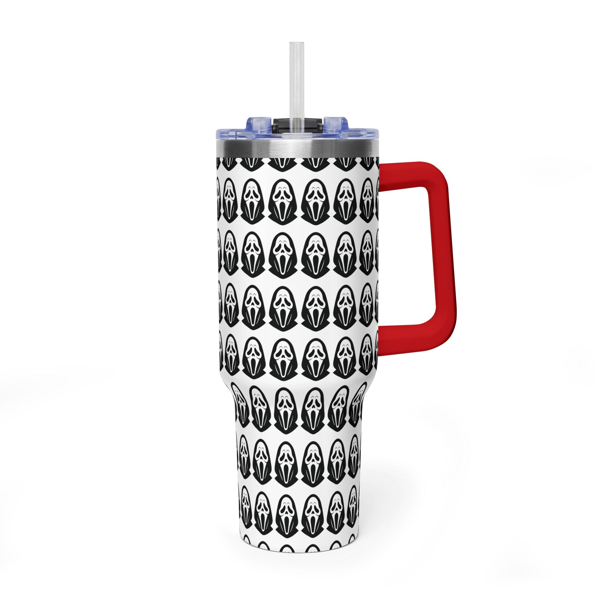 40oz Insulated Tumbler with Repeating Ghost Mask Pattern — Spooky Halloween Drinkware