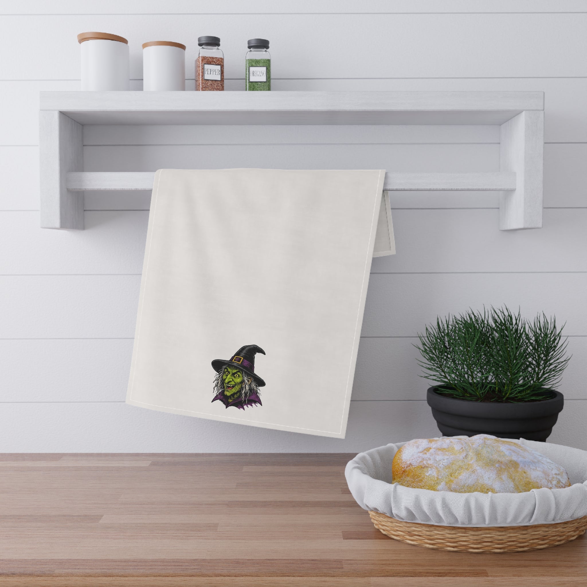 Witch Head Halloween Tea Towel – Spooky Green Witch Kitchen Decor