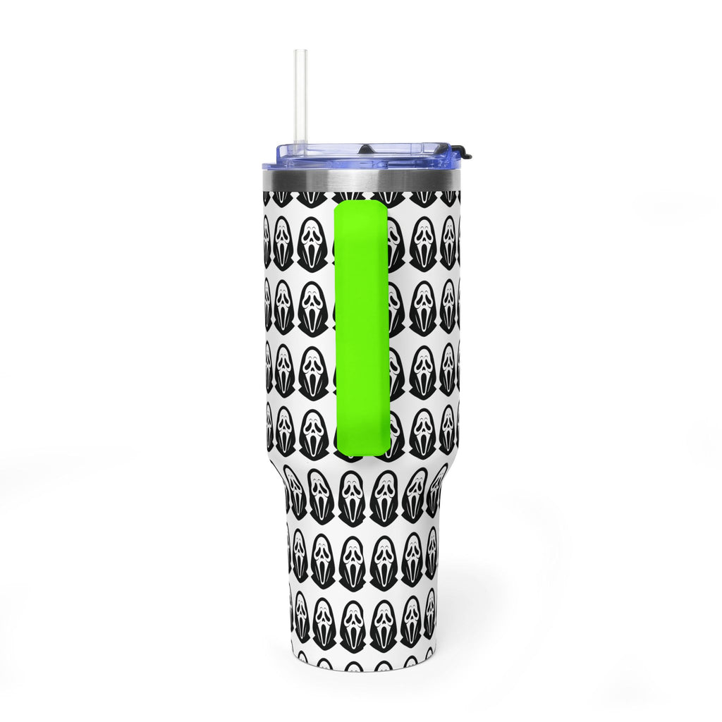 40oz Insulated Tumbler with Repeating Ghost Mask Pattern — Spooky Halloween Drinkware