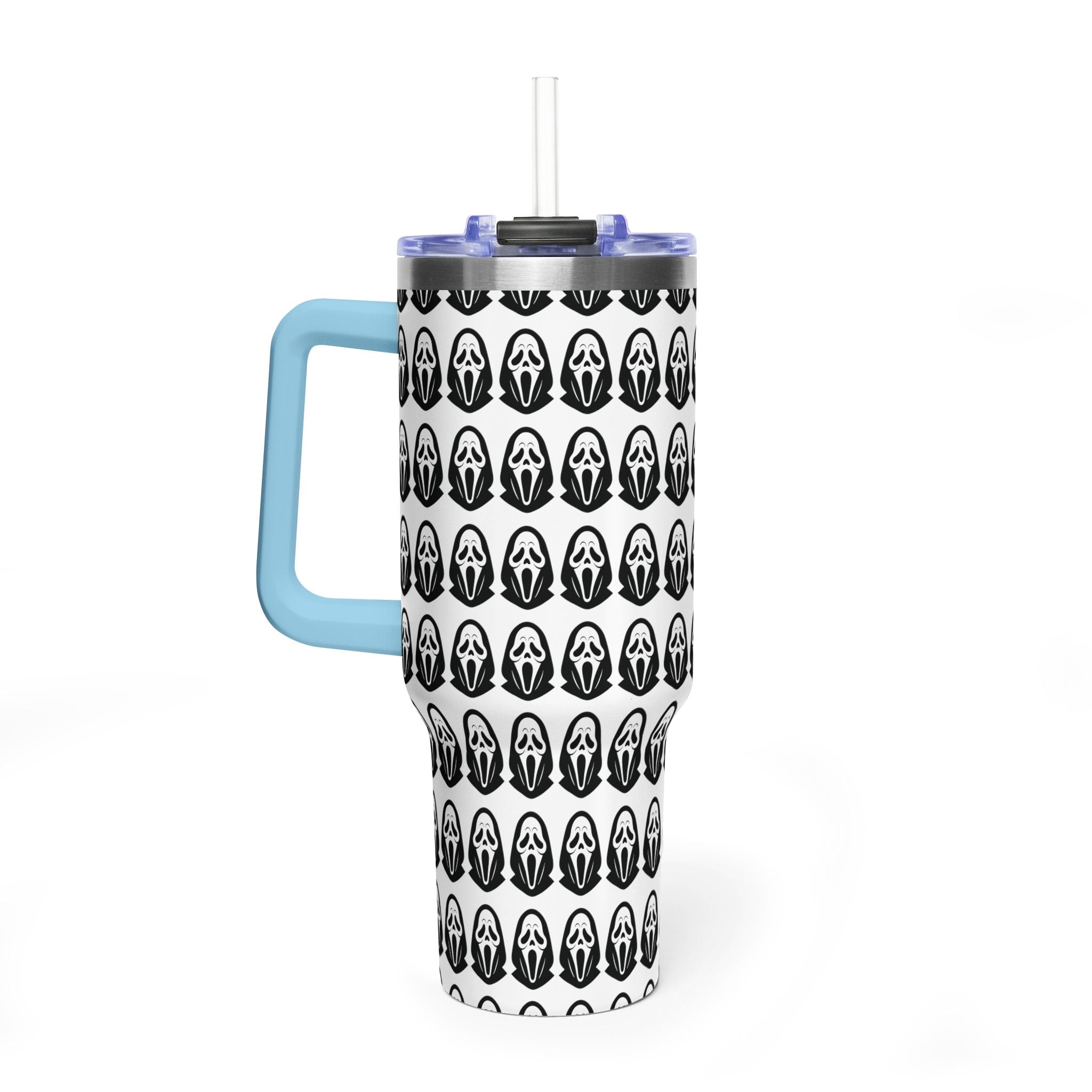 40oz Insulated Tumbler with Repeating Ghost Mask Pattern — Spooky Halloween Drinkware