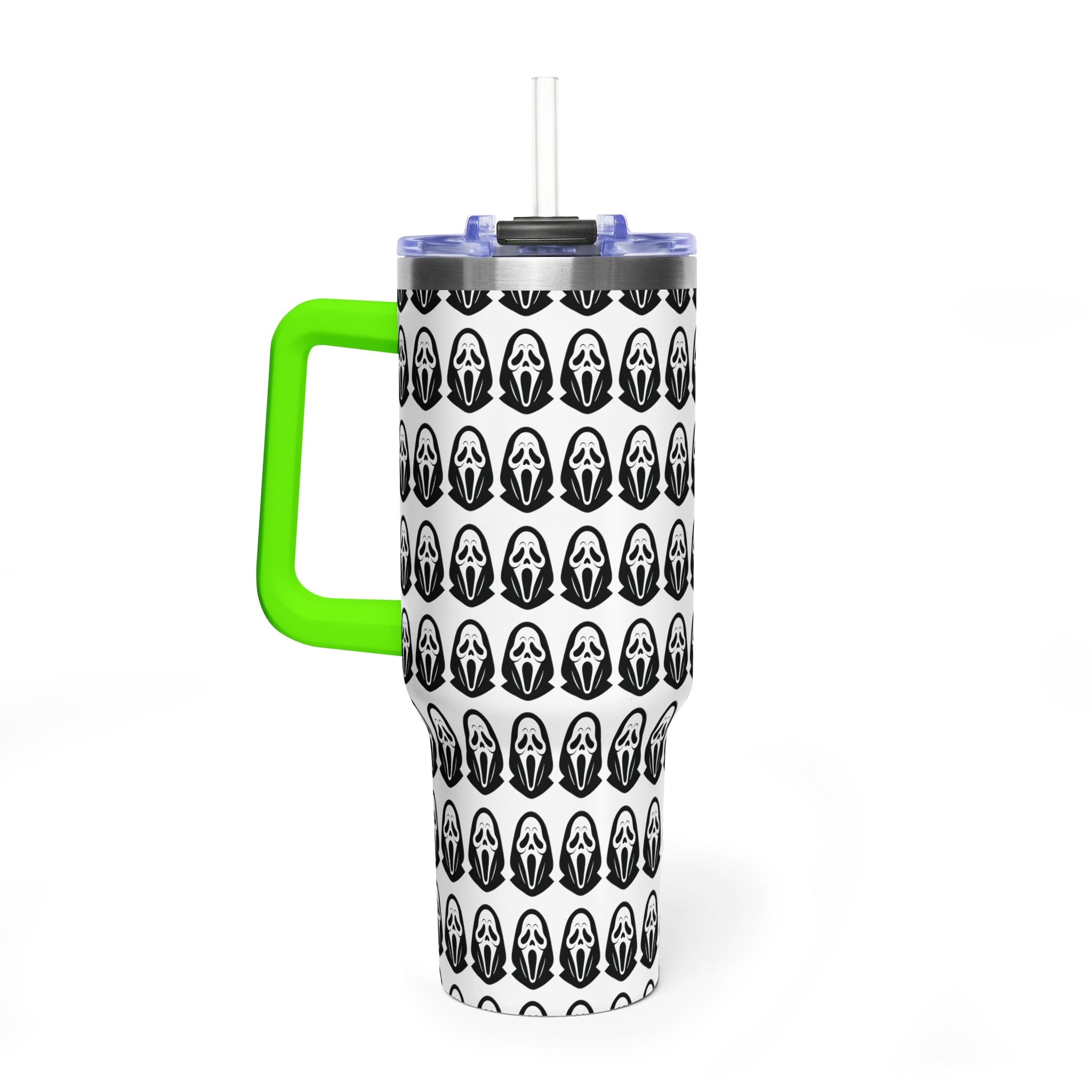 40oz Insulated Tumbler with Repeating Ghost Mask Pattern — Spooky Halloween Drinkware