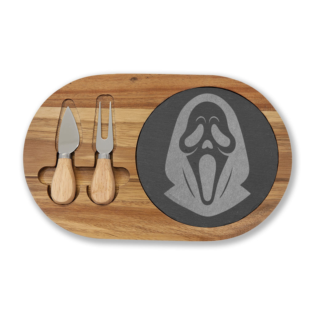 Engraved Scream Charcuterie Board — Halloween Cheese Serving Platter with Cutlery