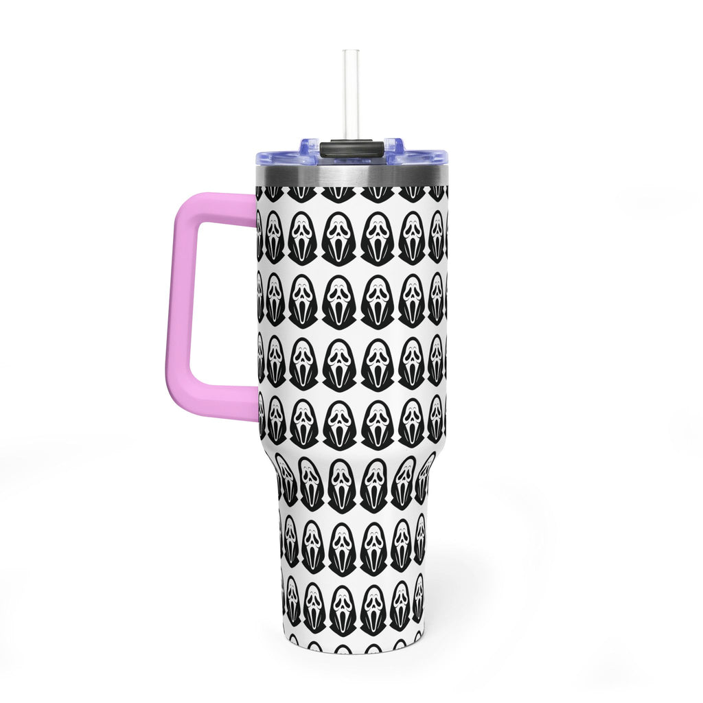 40oz Insulated Tumbler with Repeating Ghost Mask Pattern — Spooky Halloween Drinkware