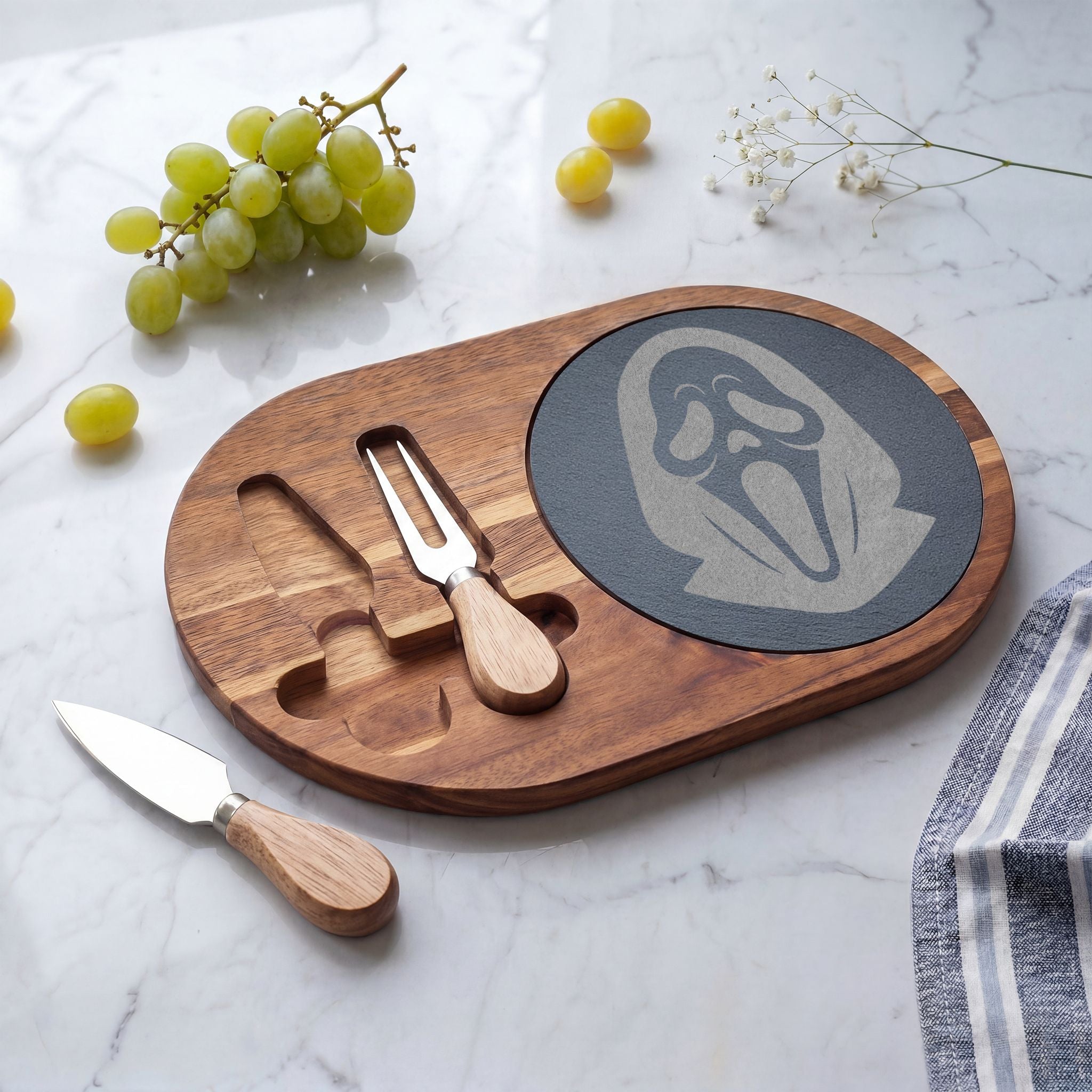 Engraved Scream Charcuterie Board — Halloween Cheese Serving Platter with Cutlery