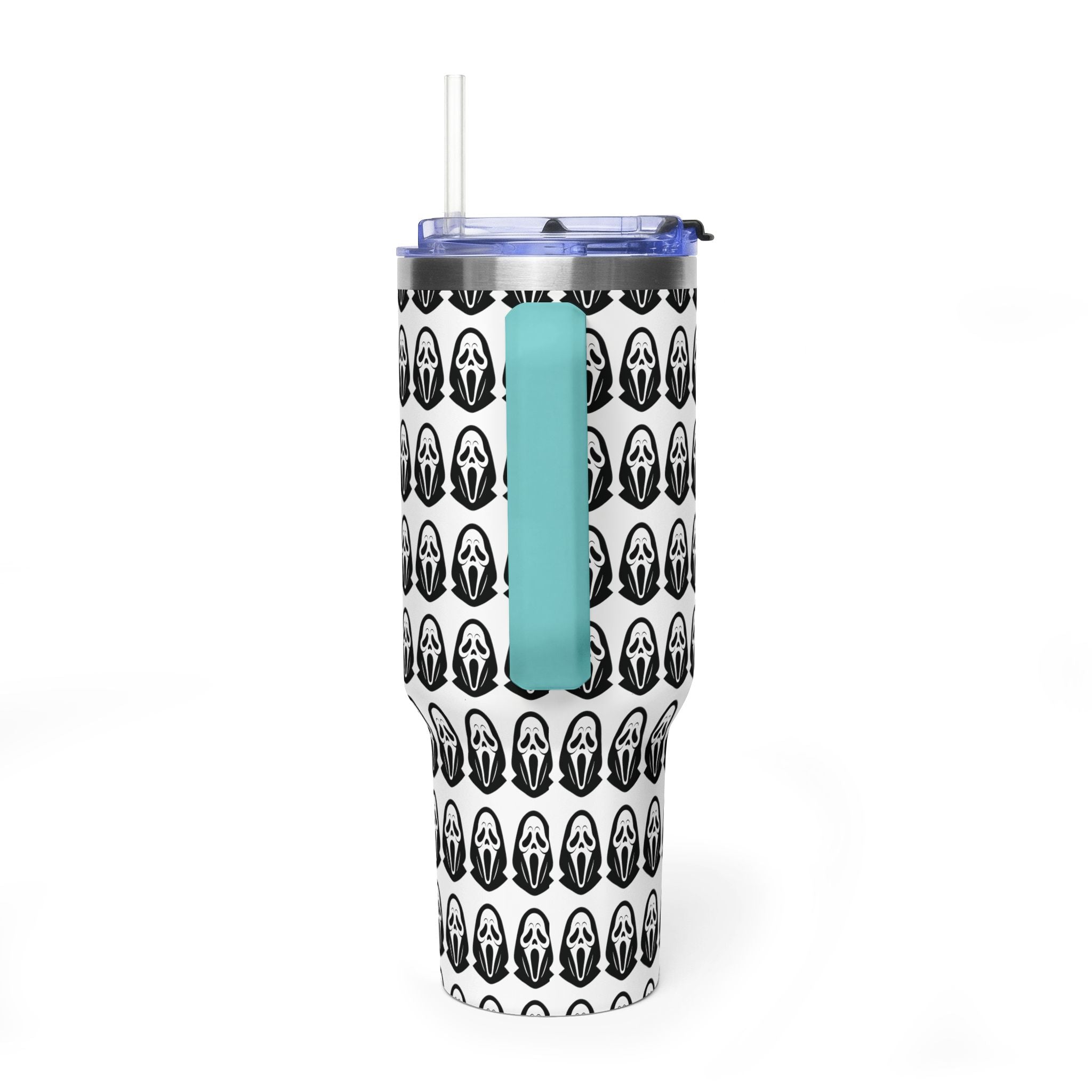 40oz Insulated Tumbler with Repeating Ghost Mask Pattern — Spooky Halloween Drinkware