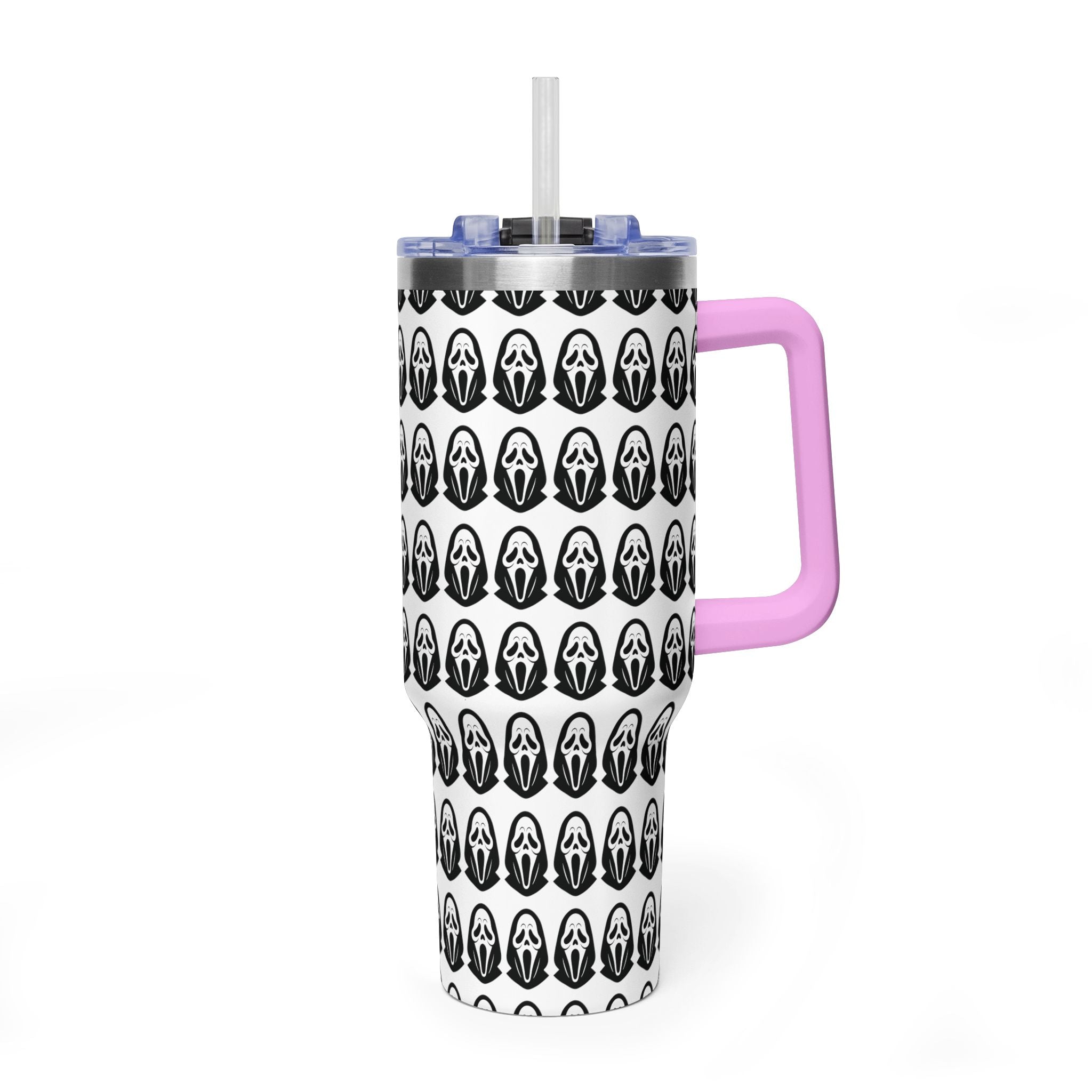 40oz Insulated Tumbler with Repeating Ghost Mask Pattern — Spooky Halloween Drinkware
