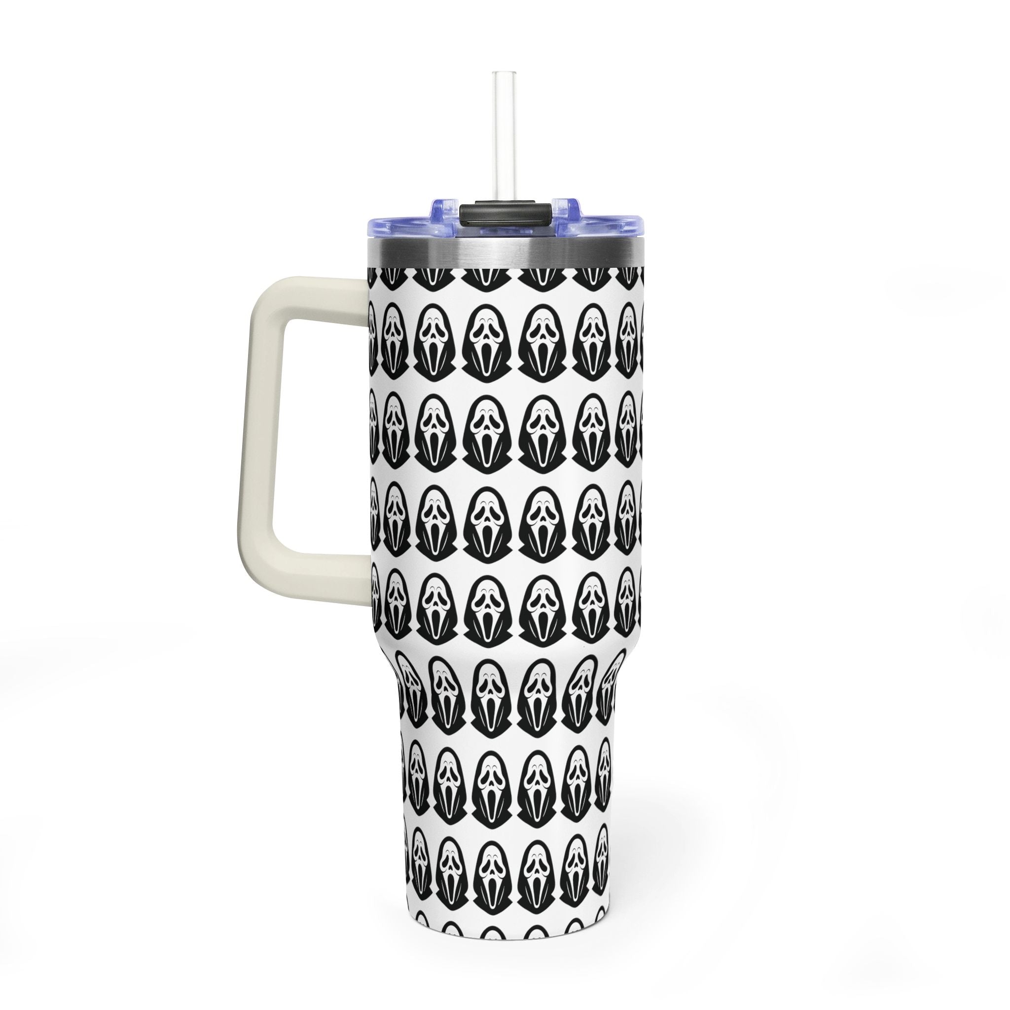 40oz Insulated Tumbler with Repeating Ghost Mask Pattern — Spooky Halloween Drinkware