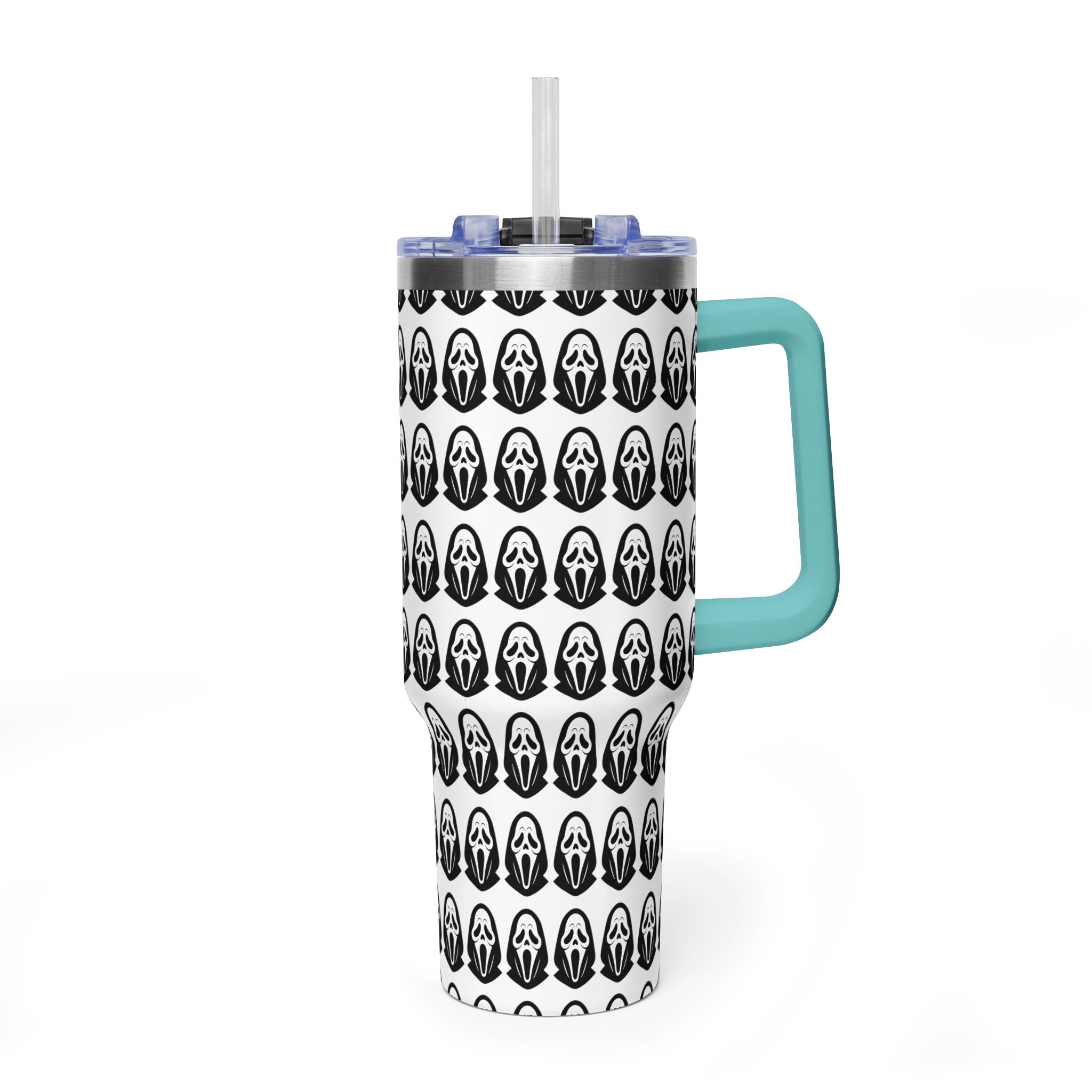 40oz Insulated Tumbler with Repeating Ghost Mask Pattern — Spooky Halloween Drinkware