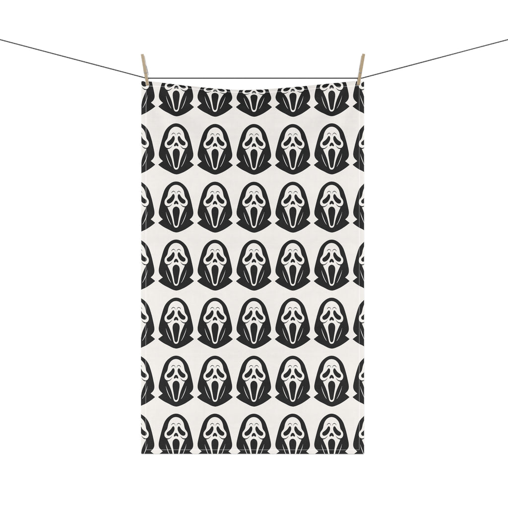 Scream Mask Pattern Tea Towel — Halloween Ghost Face Kitchen Towel