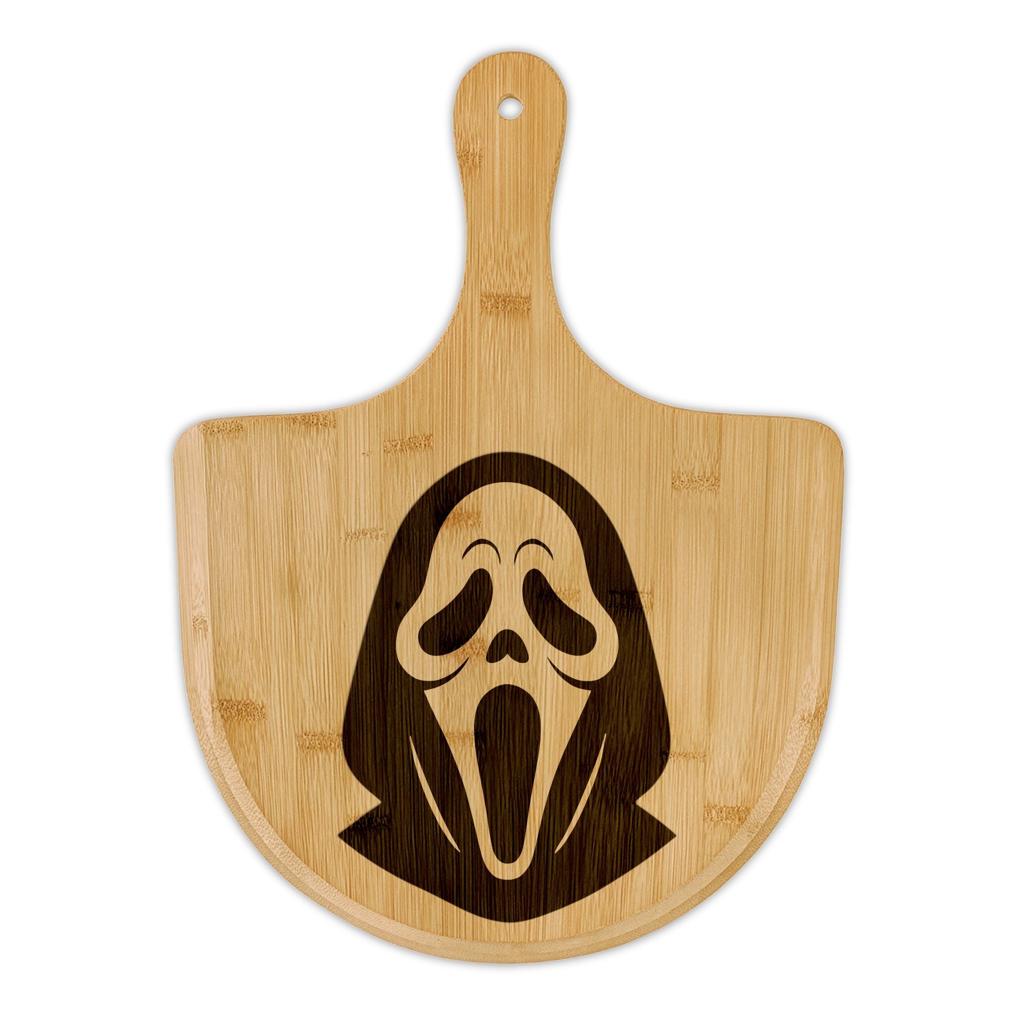 Engraved Bamboo Pizza Peel — Scream Mask Horror Design
