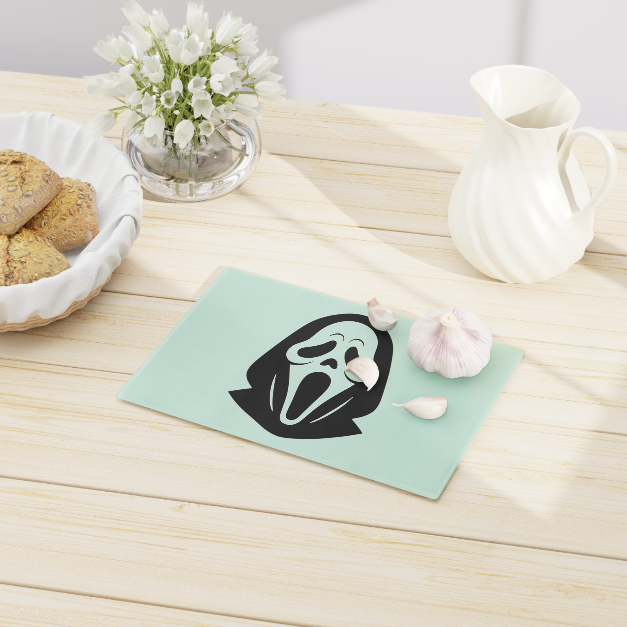 Scream Mask Glass Cutting Board — Halloween Horror Decorative Prep Board