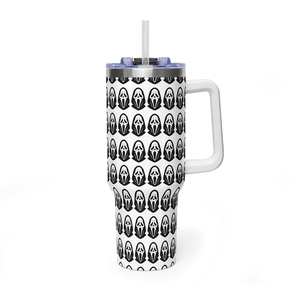 40oz Insulated Tumbler with Repeating Ghost Mask Pattern — Spooky Halloween Drinkware