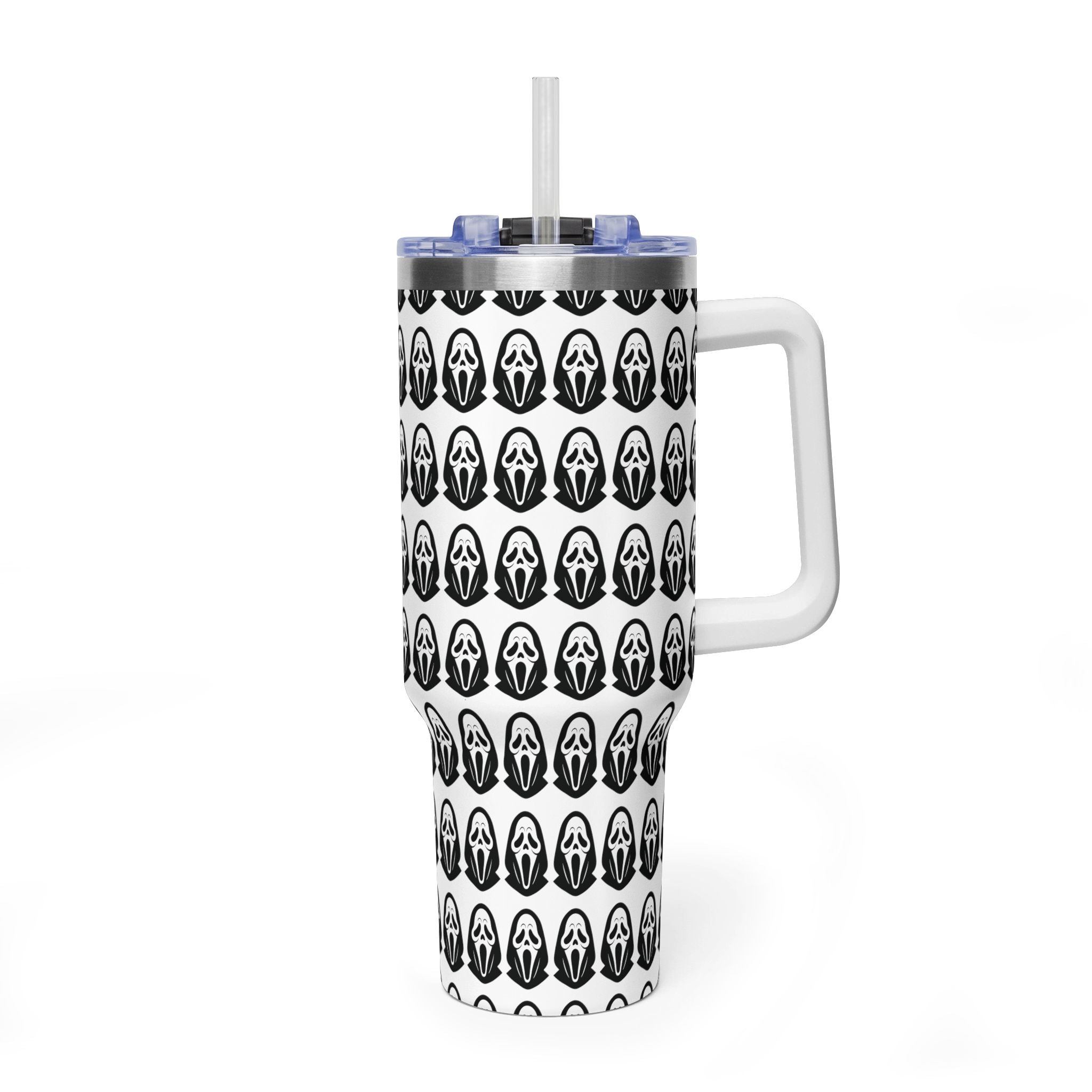 40oz Insulated Tumbler with Repeating Ghost Mask Pattern — Spooky Halloween Drinkware