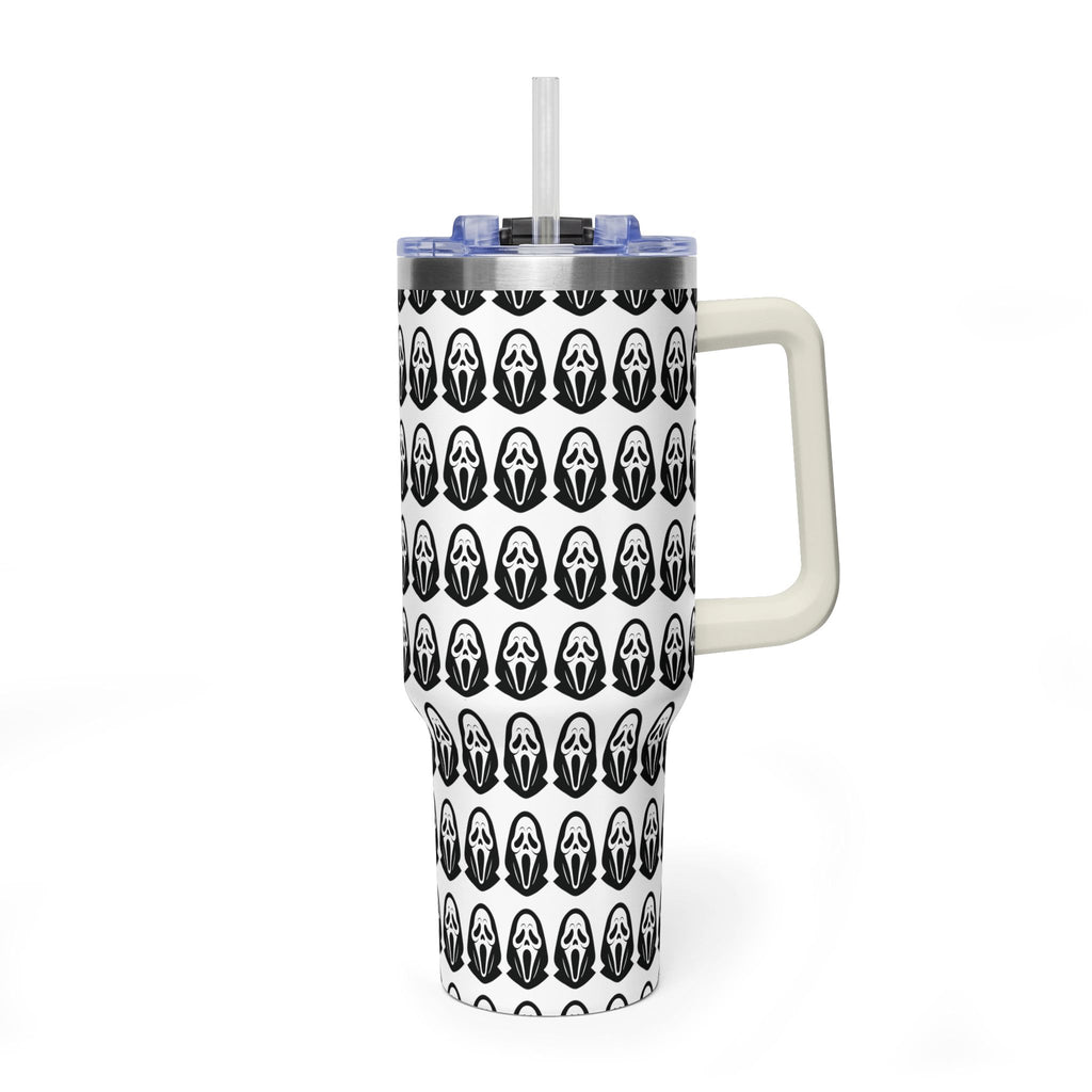 40oz Insulated Tumbler with Repeating Ghost Mask Pattern — Spooky Halloween Drinkware