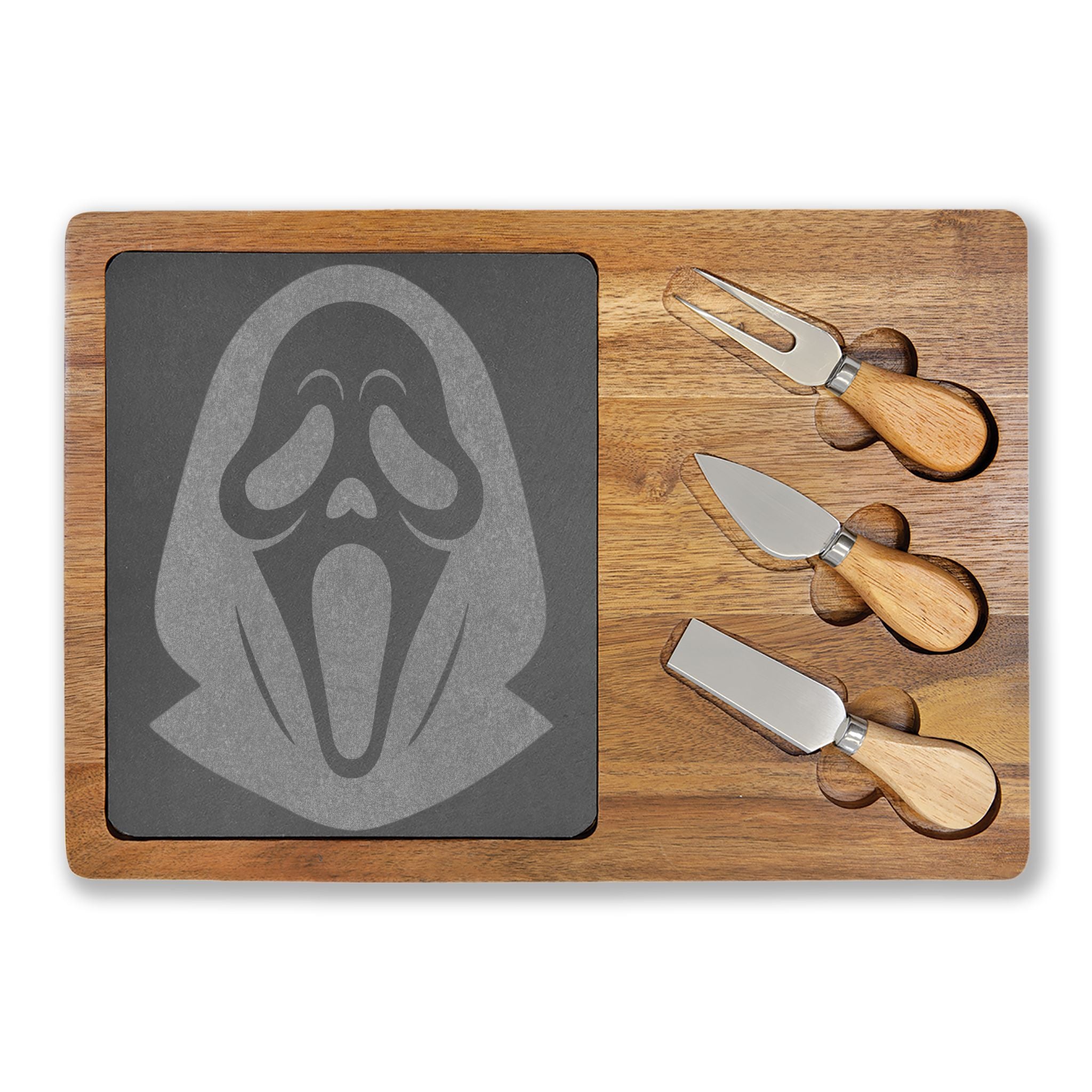 Engraved Scream Charcuterie Board with Slate Insert & Cheese Knives
