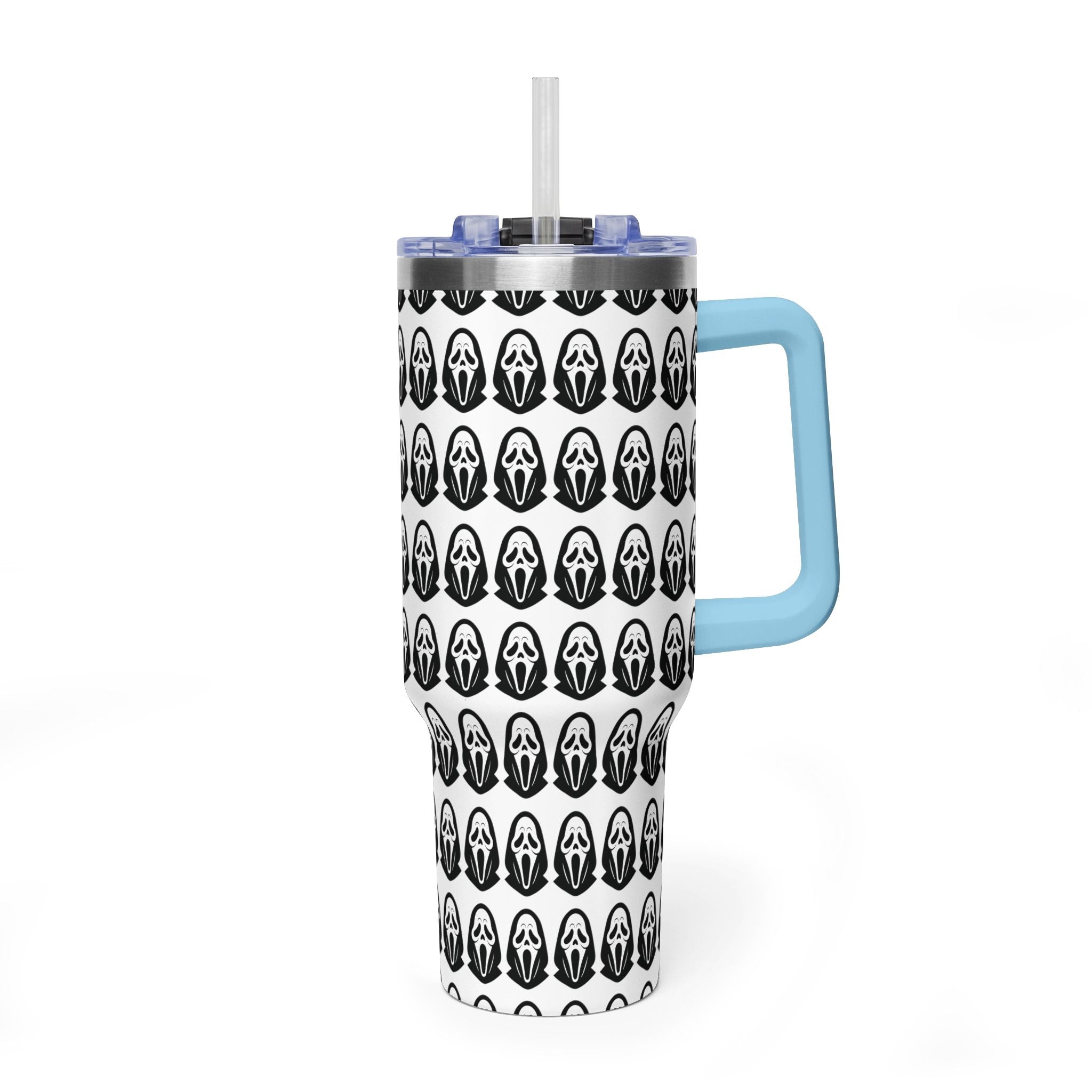 40oz Insulated Tumbler with Repeating Ghost Mask Pattern — Spooky Halloween Drinkware