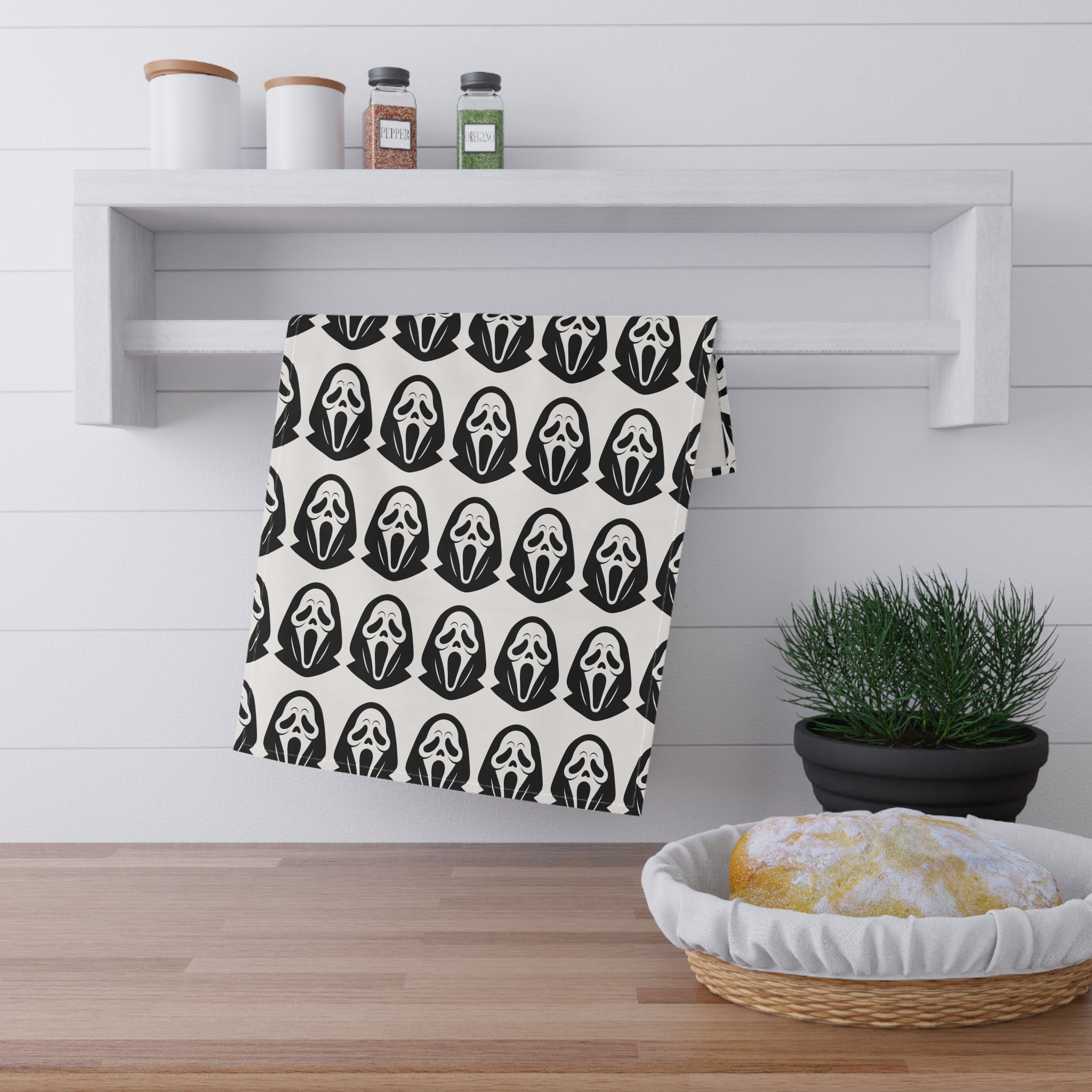 Scream Mask Pattern Tea Towel — Halloween Ghost Face Kitchen Towel