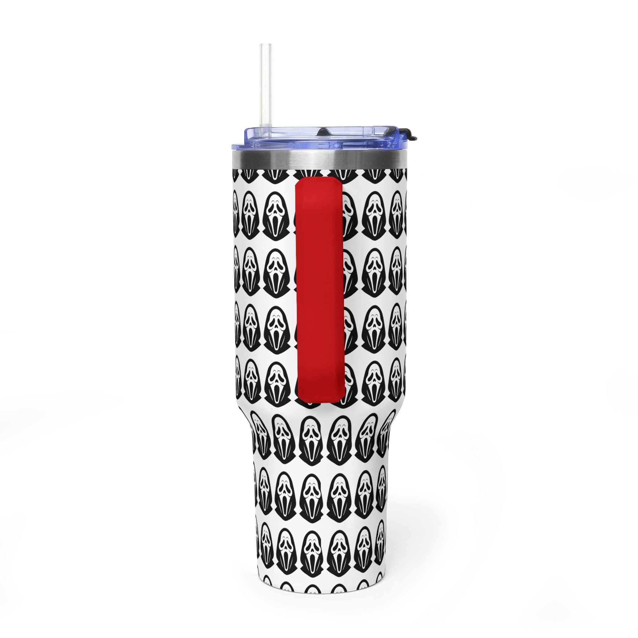 40oz Insulated Tumbler with Repeating Ghost Mask Pattern — Spooky Halloween Drinkware