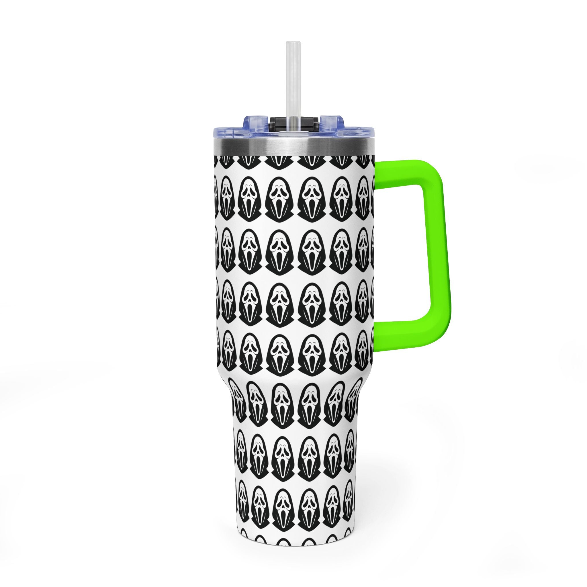 40oz Insulated Tumbler with Repeating Ghost Mask Pattern — Spooky Halloween Drinkware