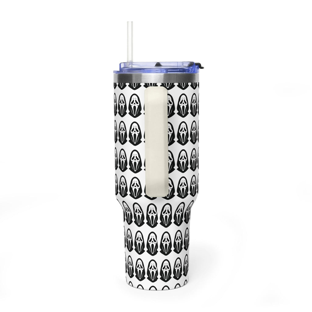 40oz Insulated Tumbler with Repeating Ghost Mask Pattern — Spooky Halloween Drinkware