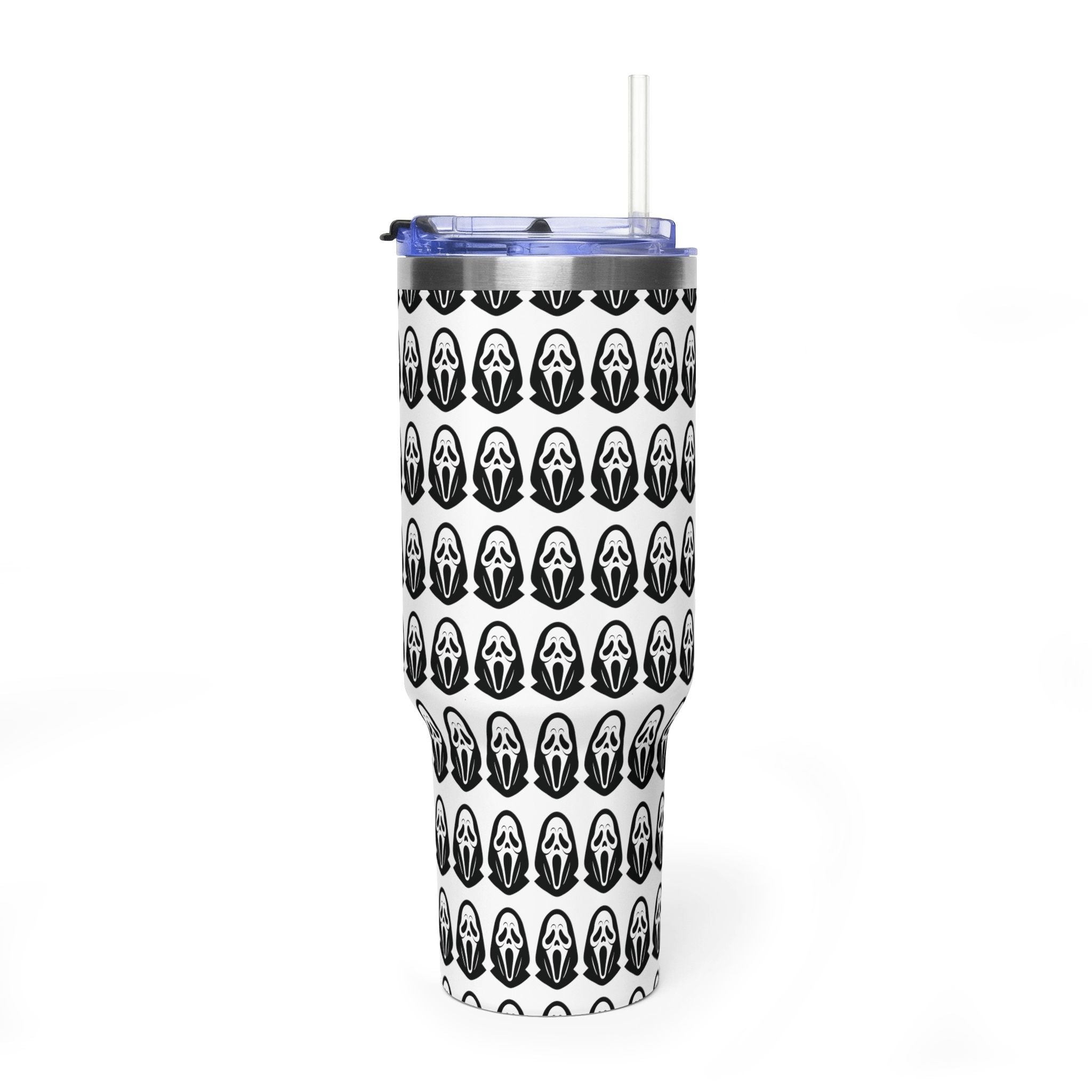 40oz Insulated Tumbler with Repeating Ghost Mask Pattern — Spooky Halloween Drinkware