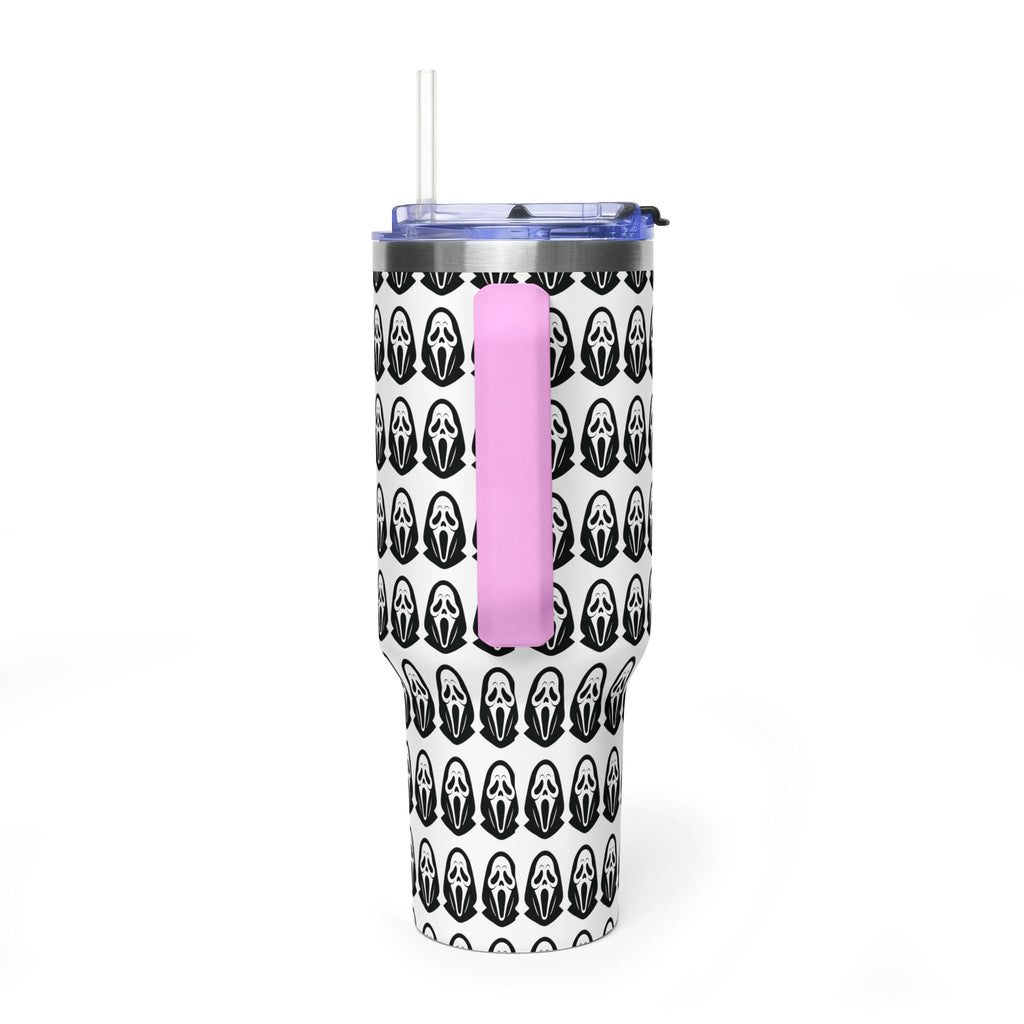 40oz Insulated Tumbler with Repeating Ghost Mask Pattern — Spooky Halloween Drinkware