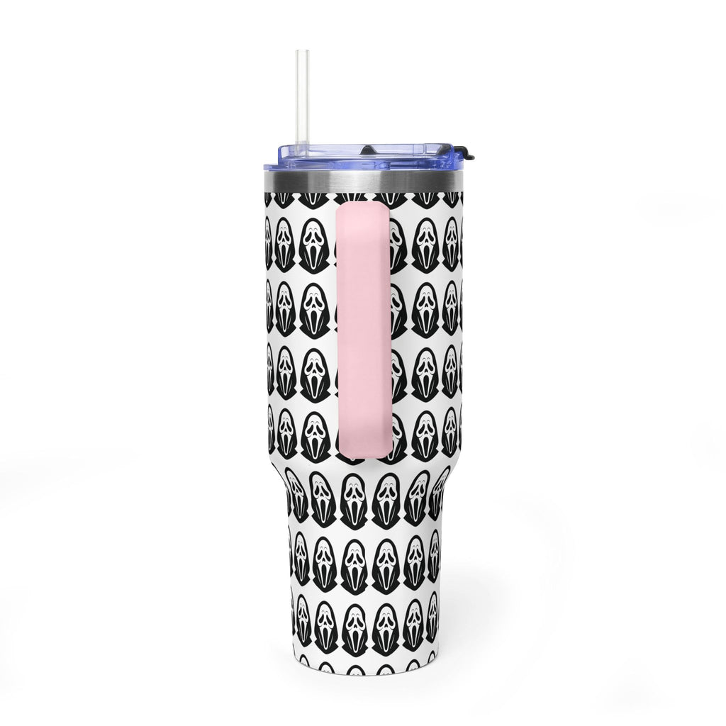 40oz Insulated Tumbler with Repeating Ghost Mask Pattern — Spooky Halloween Drinkware