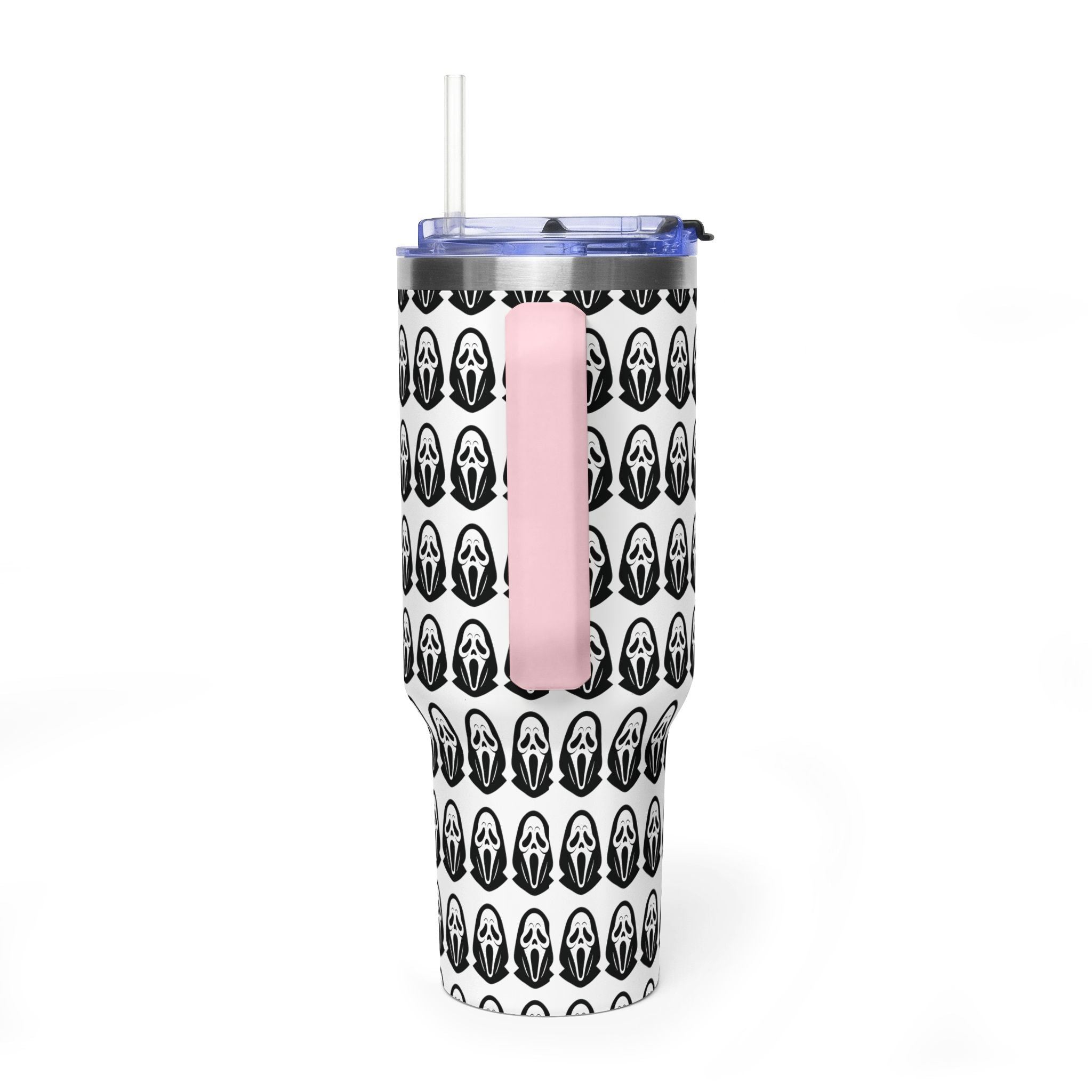 40oz Insulated Tumbler with Repeating Ghost Mask Pattern — Spooky Halloween Drinkware