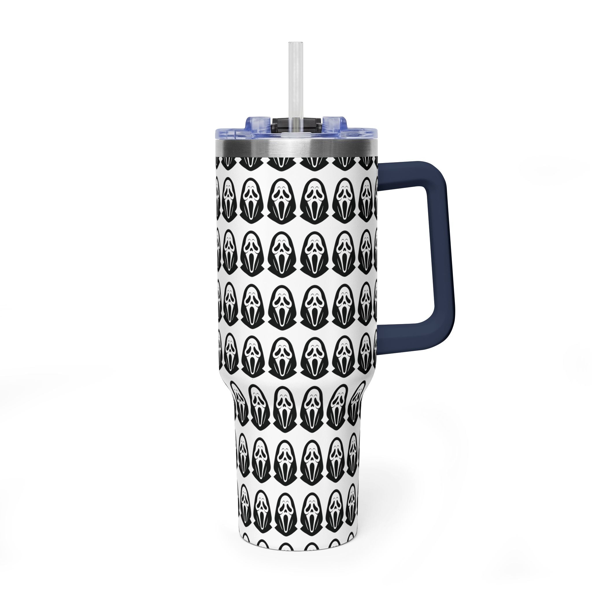 40oz Insulated Tumbler with Repeating Ghost Mask Pattern — Spooky Halloween Drinkware