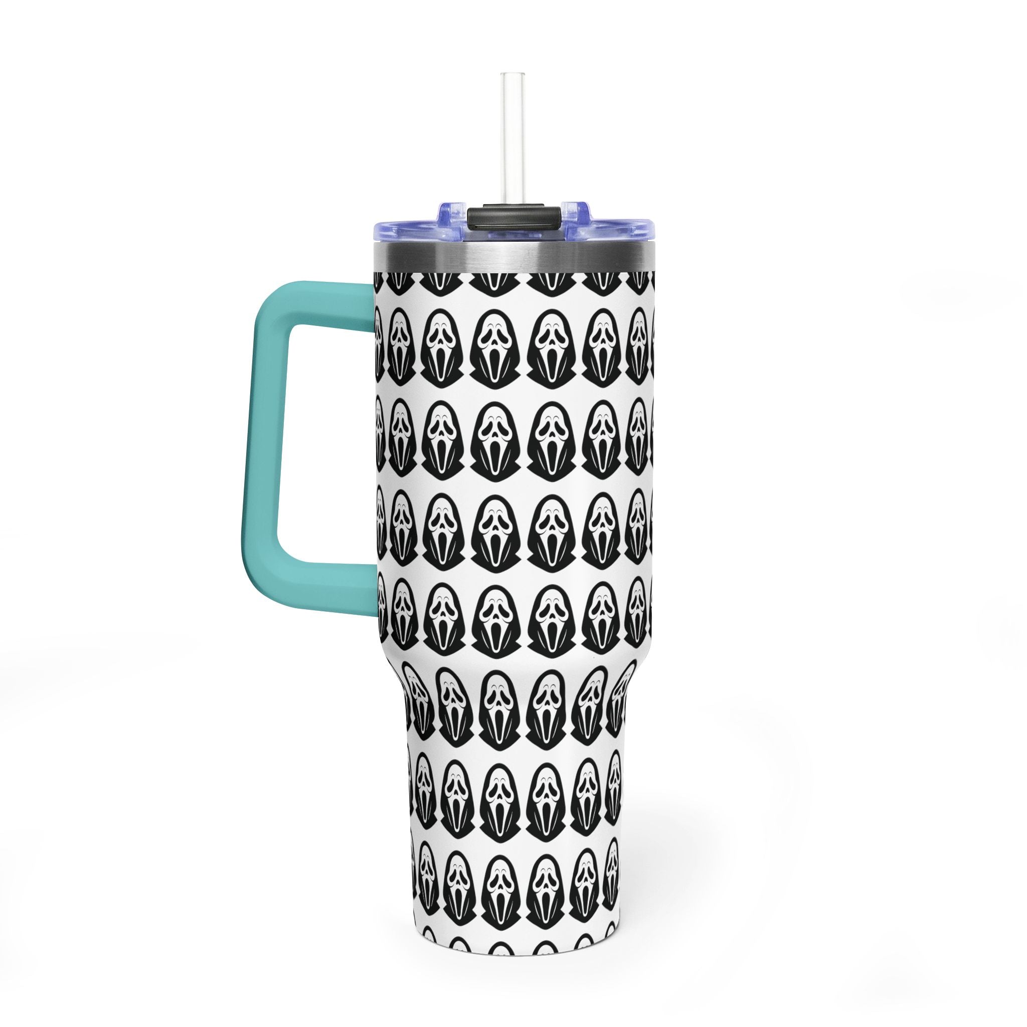 40oz Insulated Tumbler with Repeating Ghost Mask Pattern — Spooky Halloween Drinkware