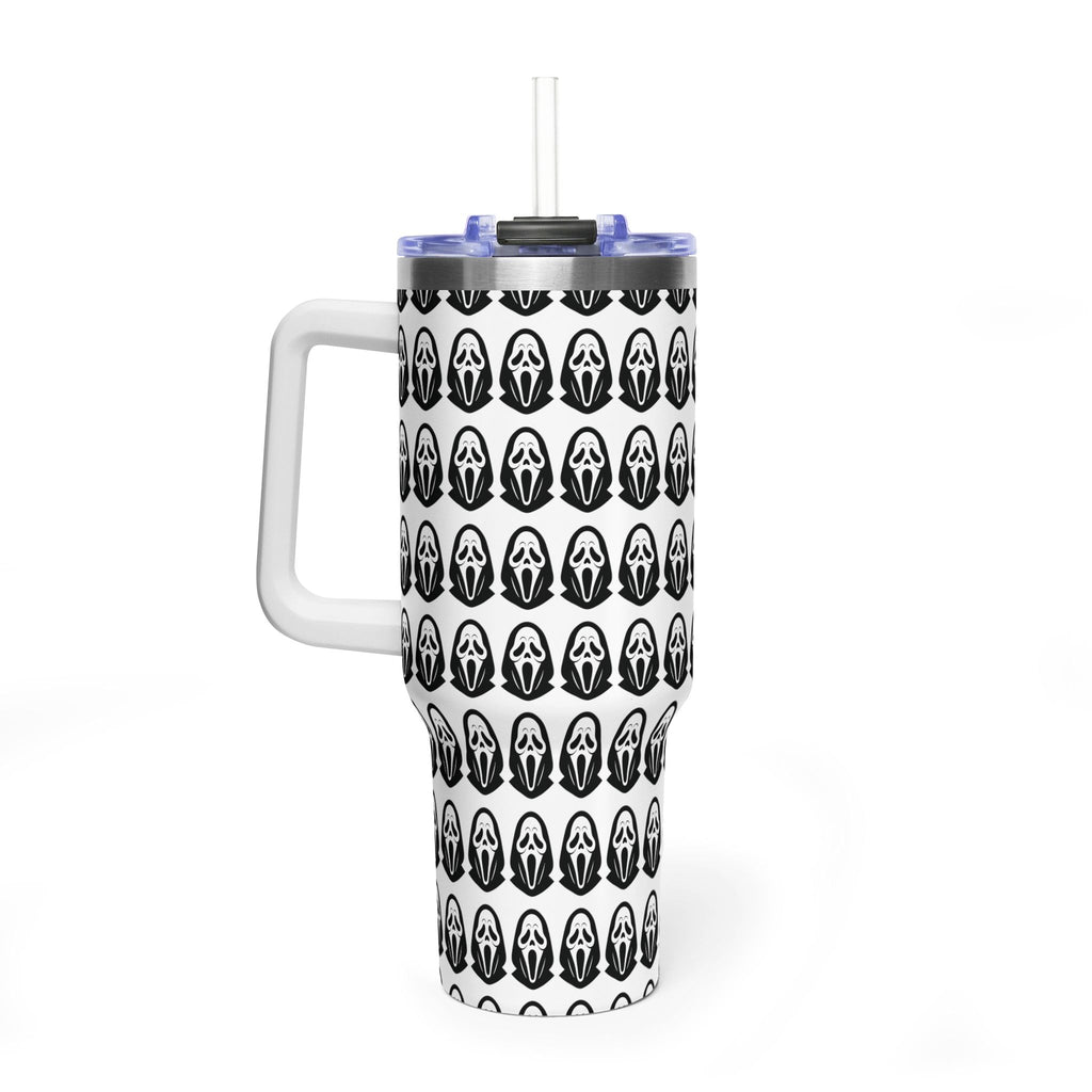 40oz Insulated Tumbler with Repeating Ghost Mask Pattern — Spooky Halloween Drinkware
