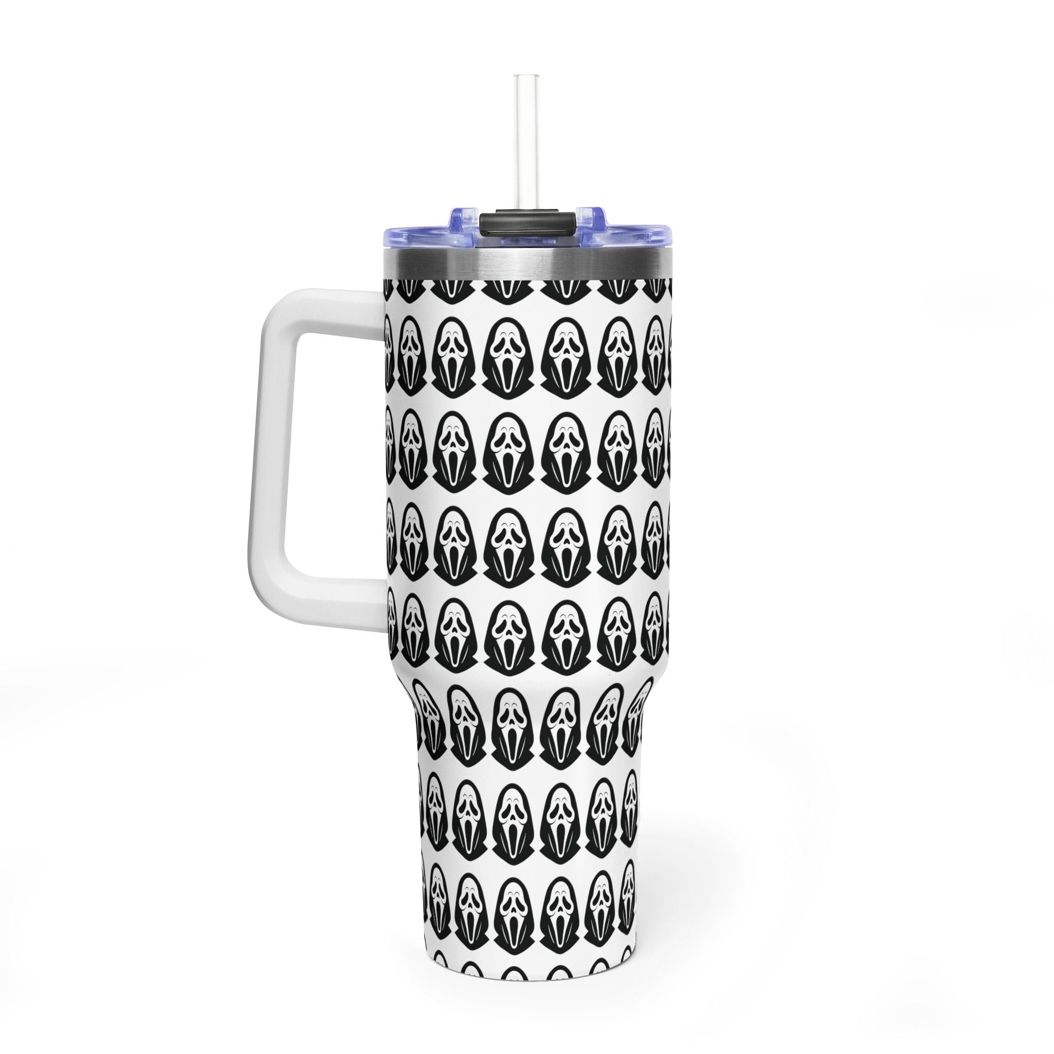 40oz Insulated Tumbler with Repeating Ghost Mask Pattern — Spooky Halloween Drinkware