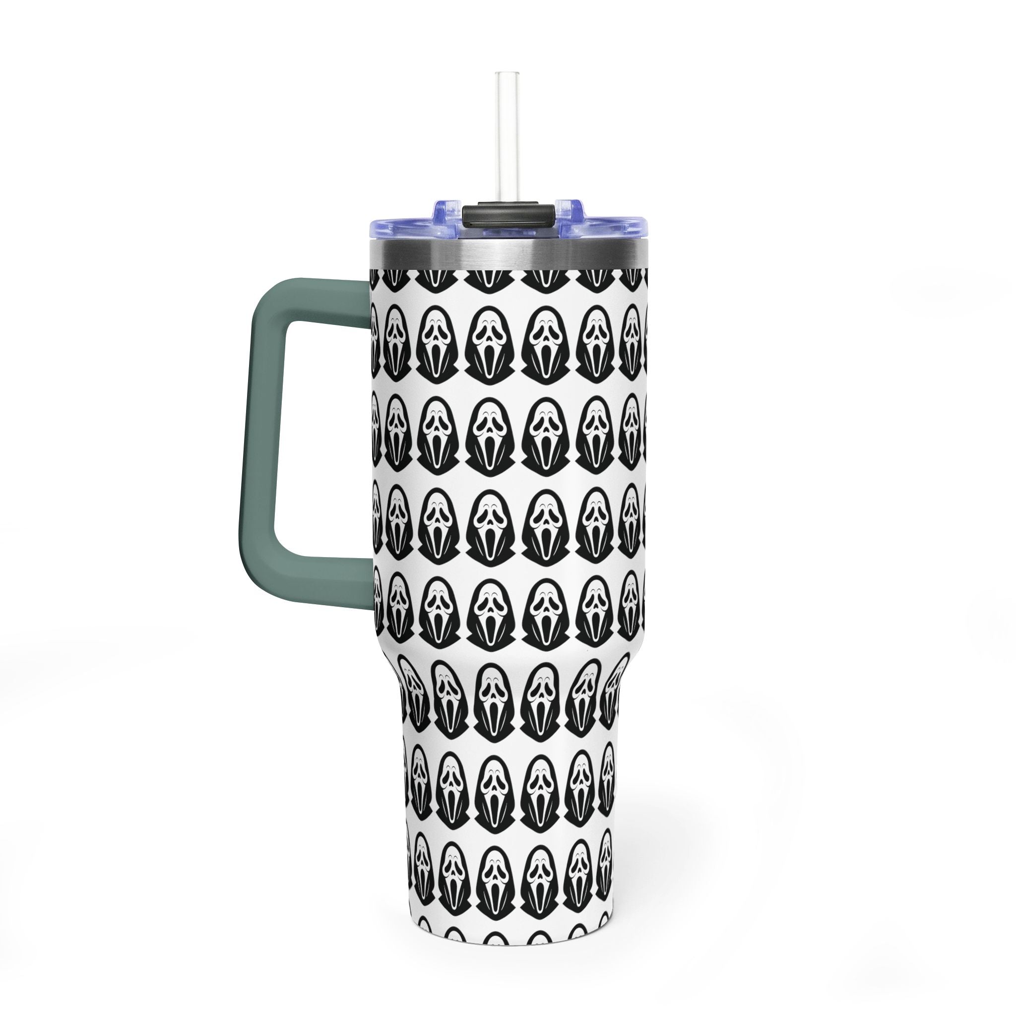 40oz Insulated Tumbler with Repeating Ghost Mask Pattern — Spooky Halloween Drinkware