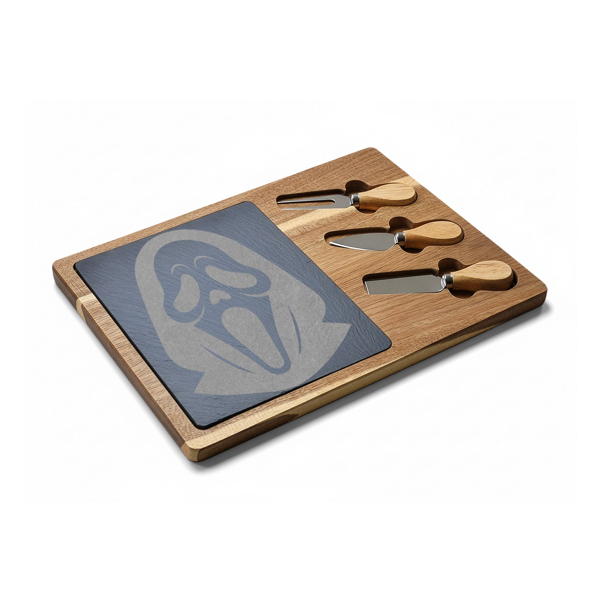 Engraved Scream Charcuterie Board with Slate Insert & Cheese Knives