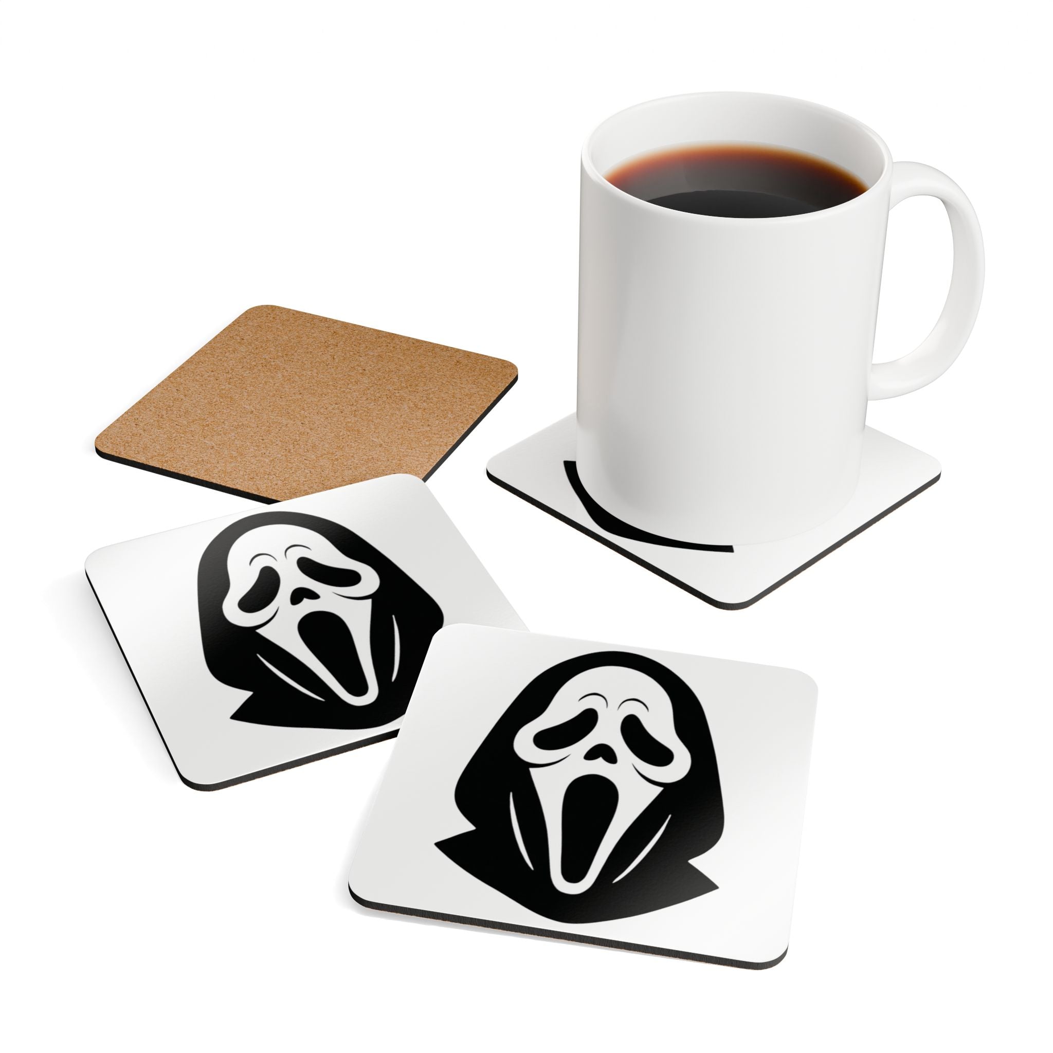 Halloween Scream Mask Cork Coaster Set — Spooky Haunted Party Drink Coasters