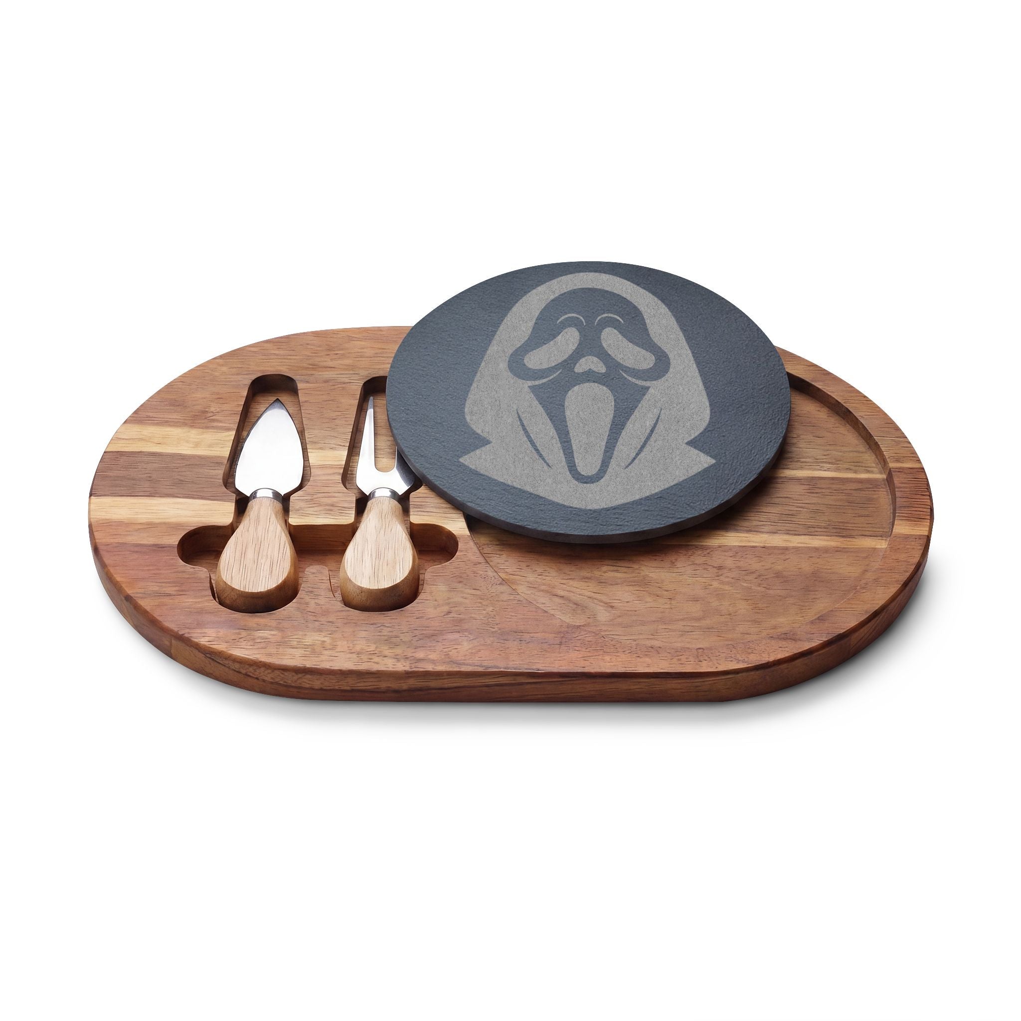 Engraved Scream Charcuterie Board — Halloween Cheese Serving Platter with Cutlery