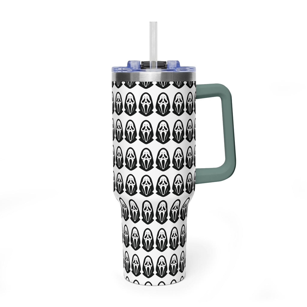 40oz Insulated Tumbler with Repeating Ghost Mask Pattern — Spooky Halloween Drinkware