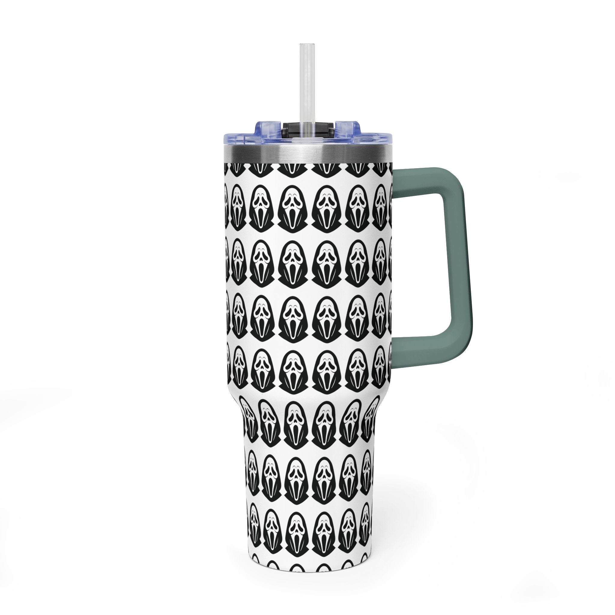 40oz Insulated Tumbler with Repeating Ghost Mask Pattern — Spooky Halloween Drinkware