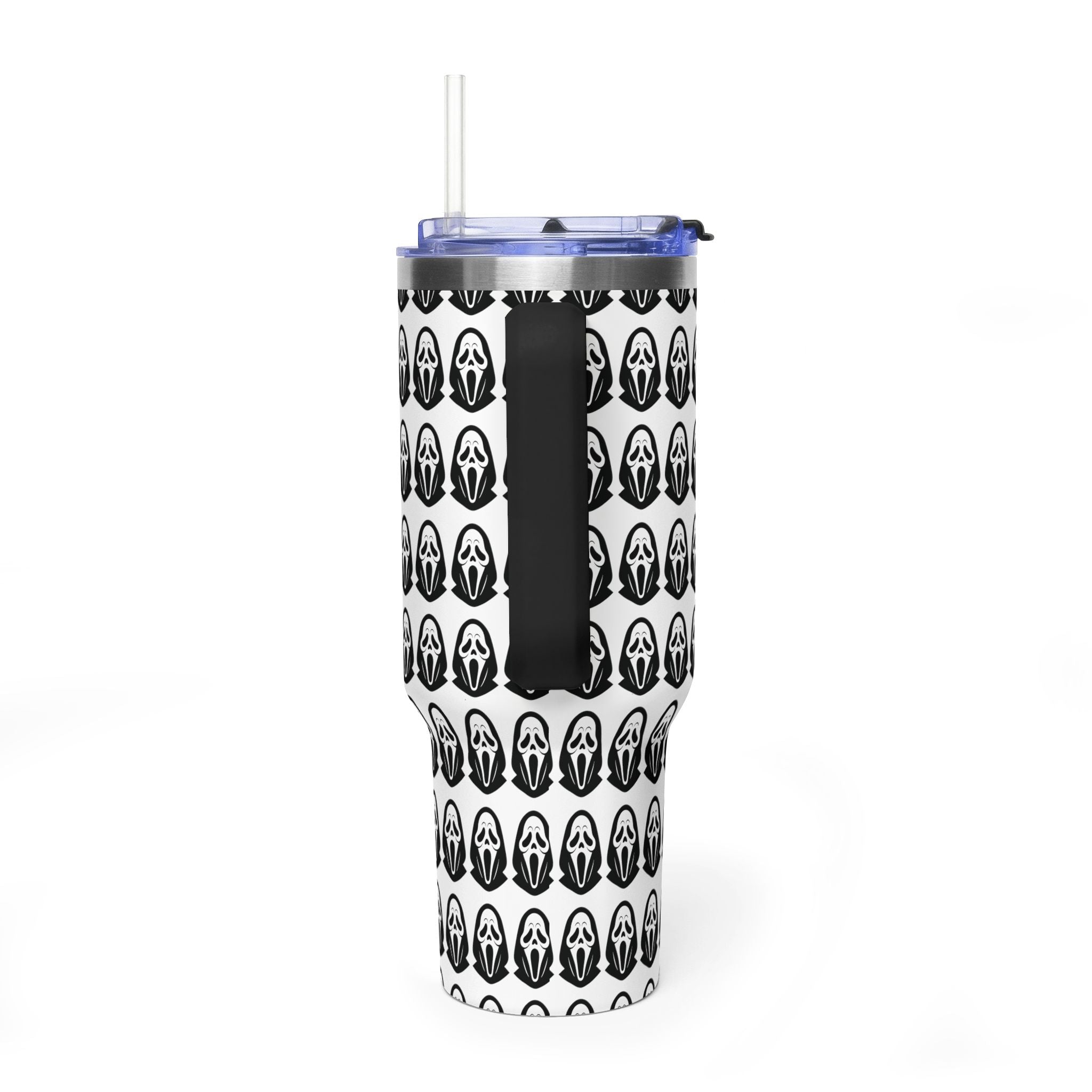 40oz Insulated Tumbler with Repeating Ghost Mask Pattern — Spooky Halloween Drinkware