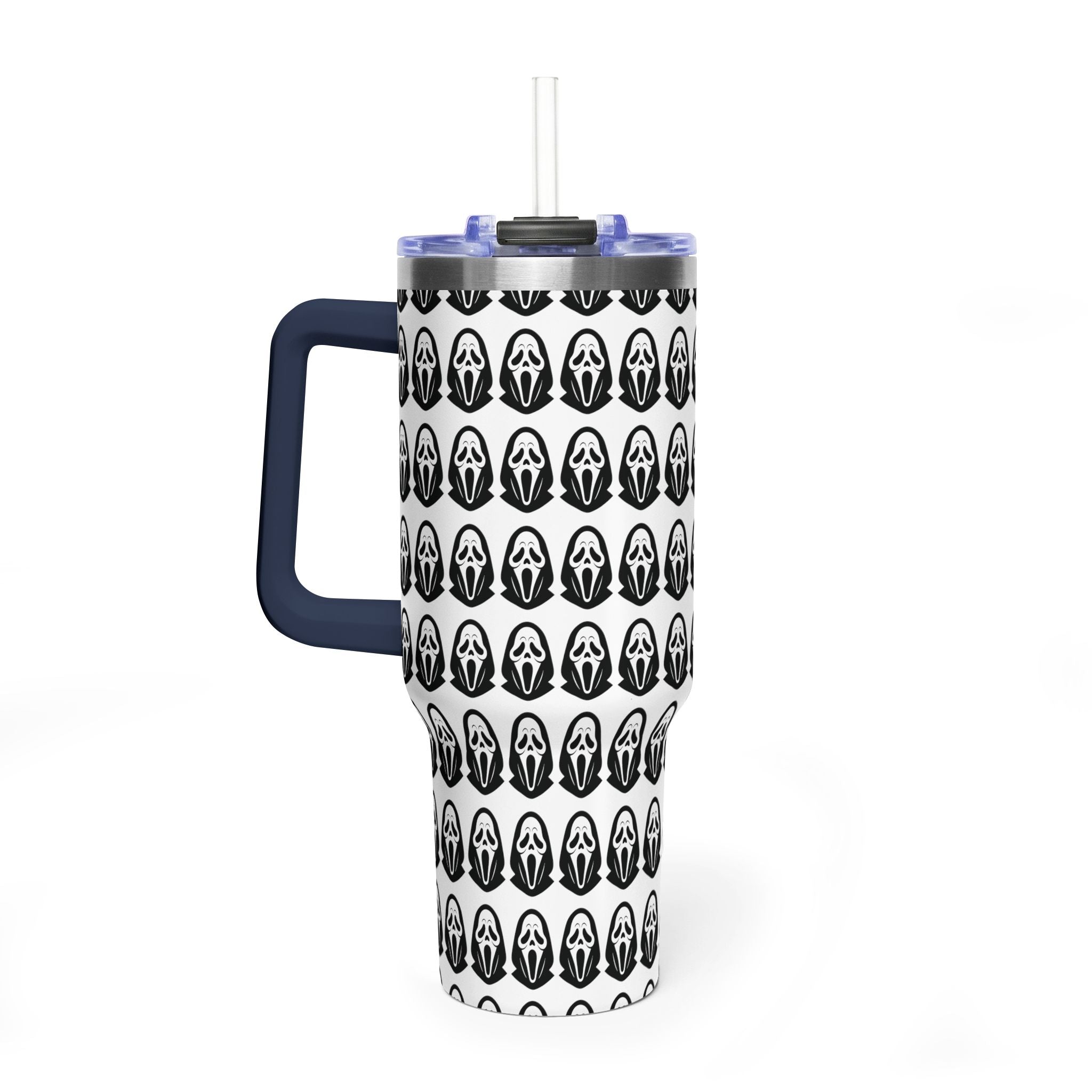 40oz Insulated Tumbler with Repeating Ghost Mask Pattern — Spooky Halloween Drinkware