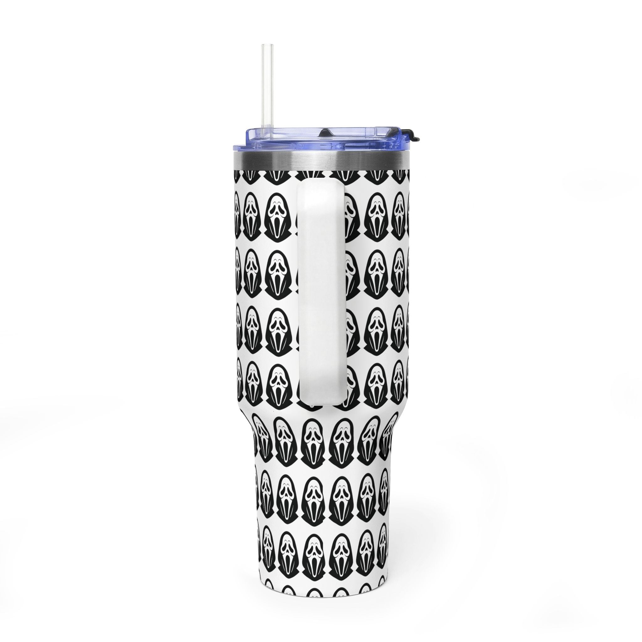 40oz Insulated Tumbler with Repeating Ghost Mask Pattern — Spooky Halloween Drinkware