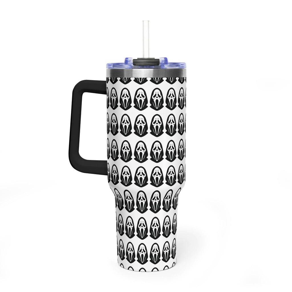 40oz Insulated Tumbler with Repeating Ghost Mask Pattern — Spooky Halloween Drinkware