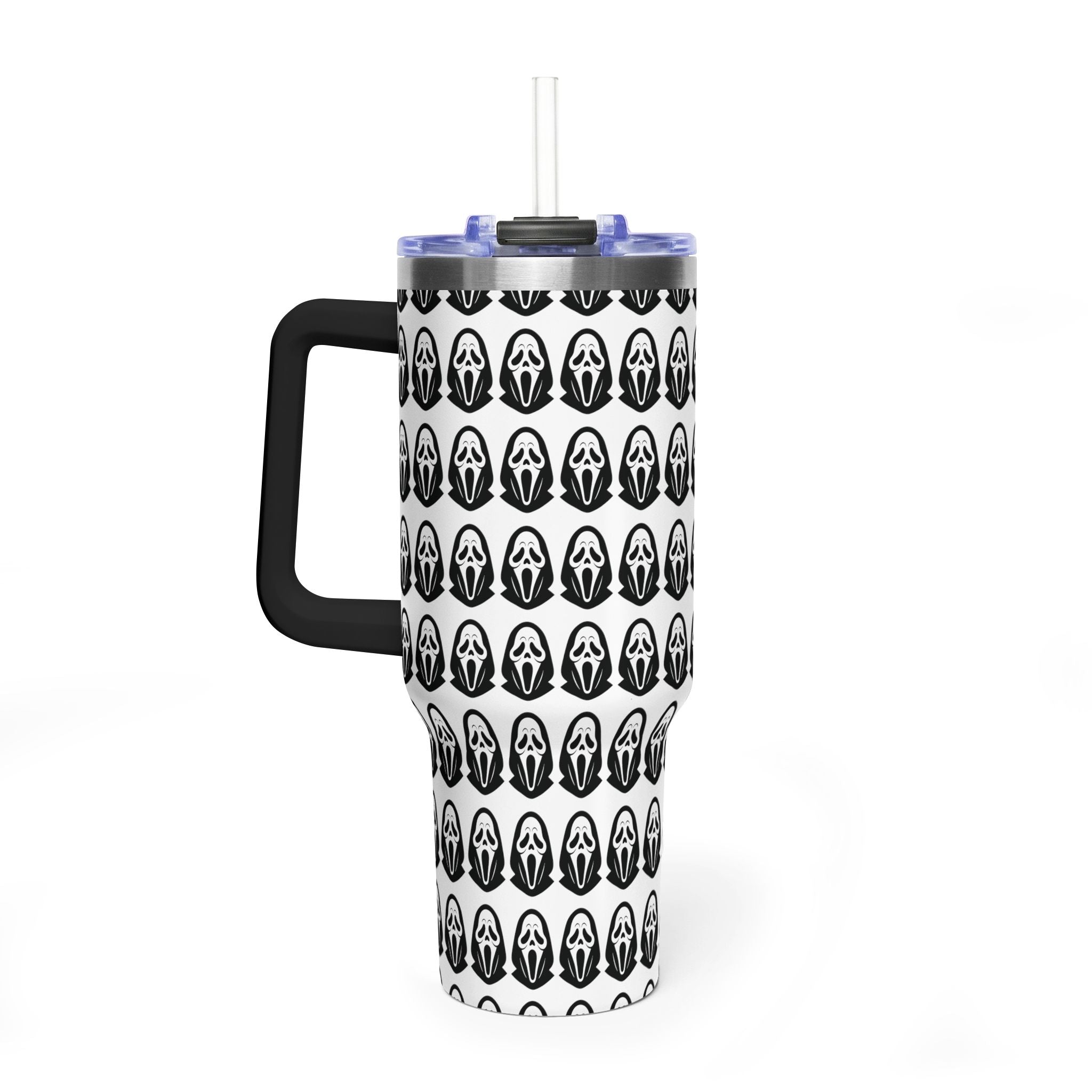 40oz Insulated Tumbler with Repeating Ghost Mask Pattern — Spooky Halloween Drinkware