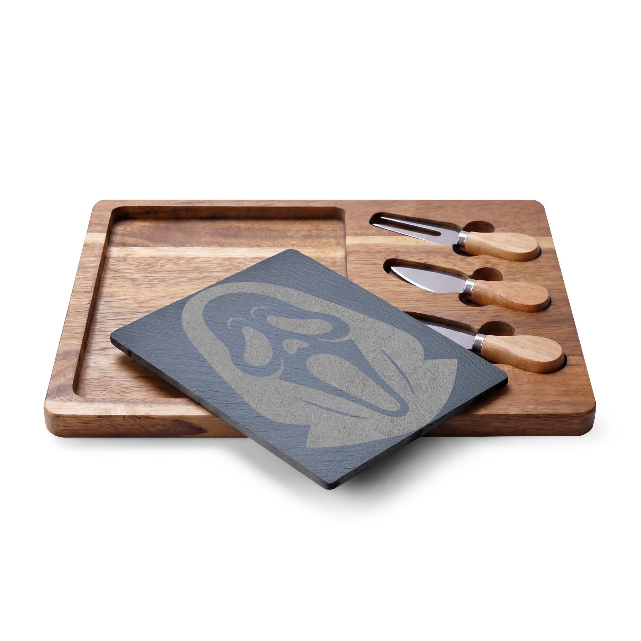 Engraved Scream Charcuterie Board with Slate Insert & Cheese Knives