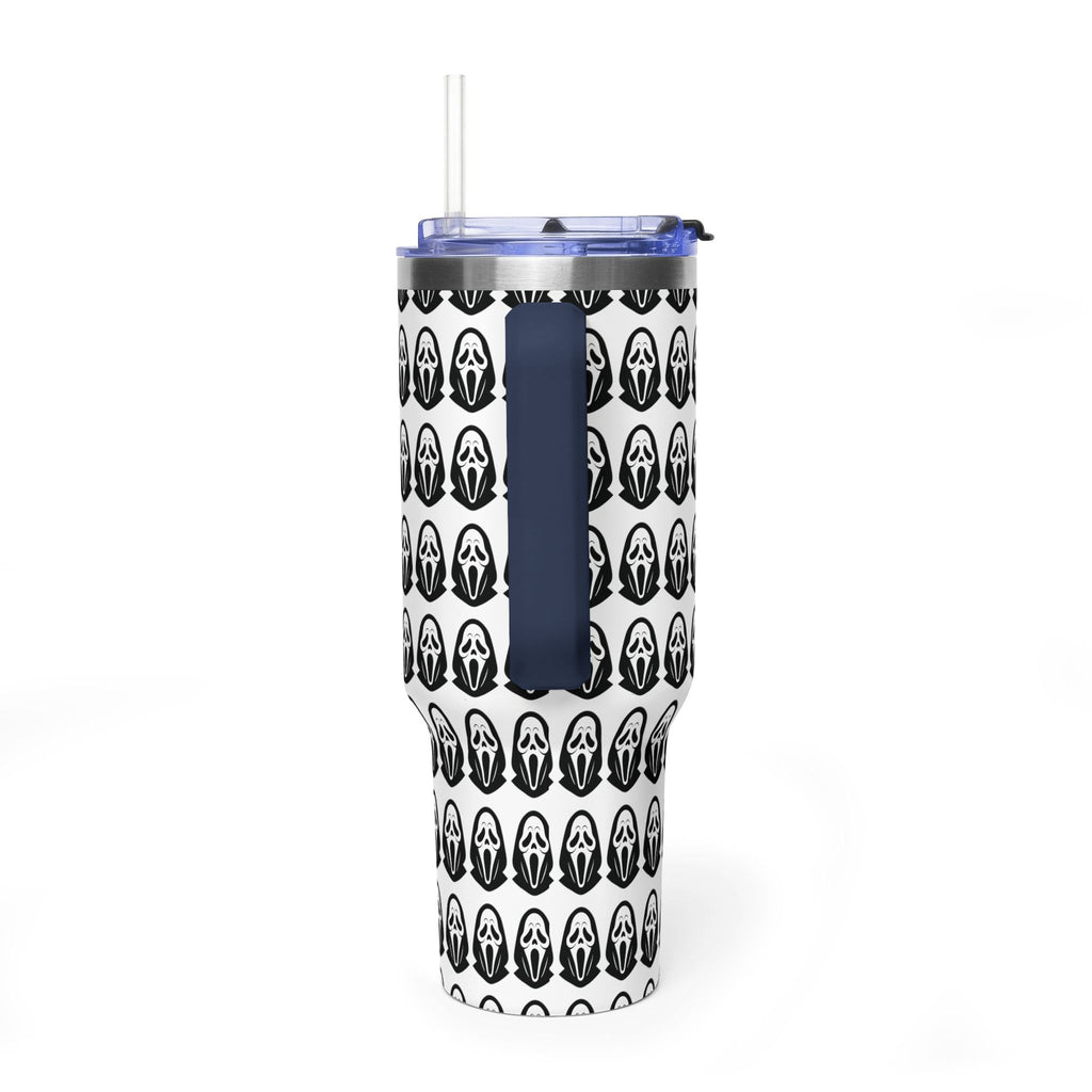 40oz Insulated Tumbler with Repeating Ghost Mask Pattern — Spooky Halloween Drinkware