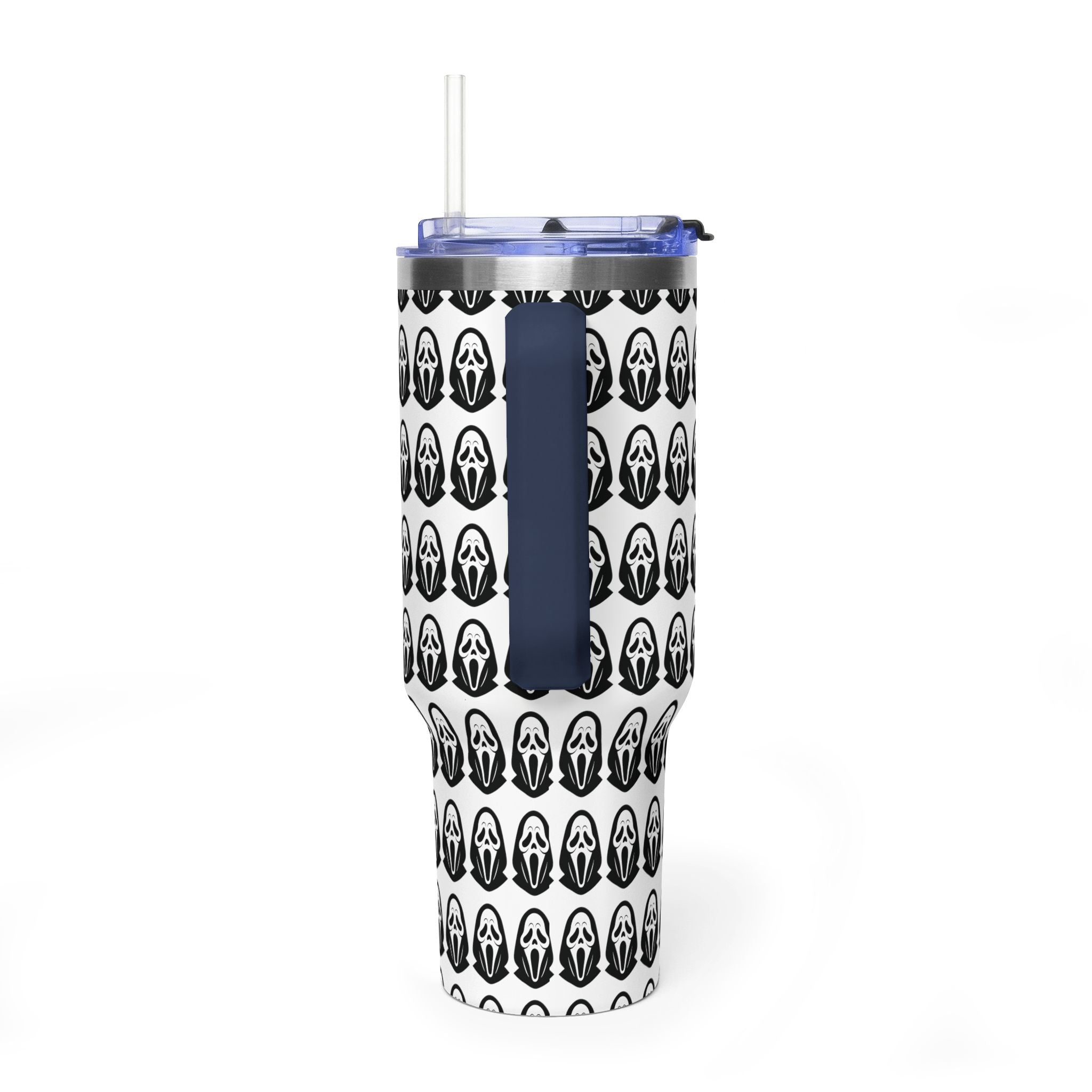 40oz Insulated Tumbler with Repeating Ghost Mask Pattern — Spooky Halloween Drinkware