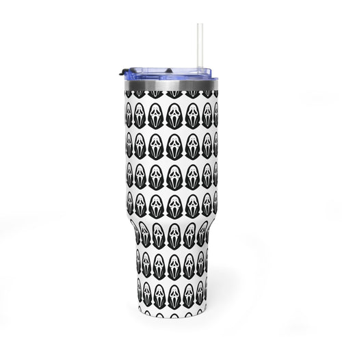 40oz Insulated Tumbler with Repeating Ghost Mask Pattern — Spooky Halloween Drinkware