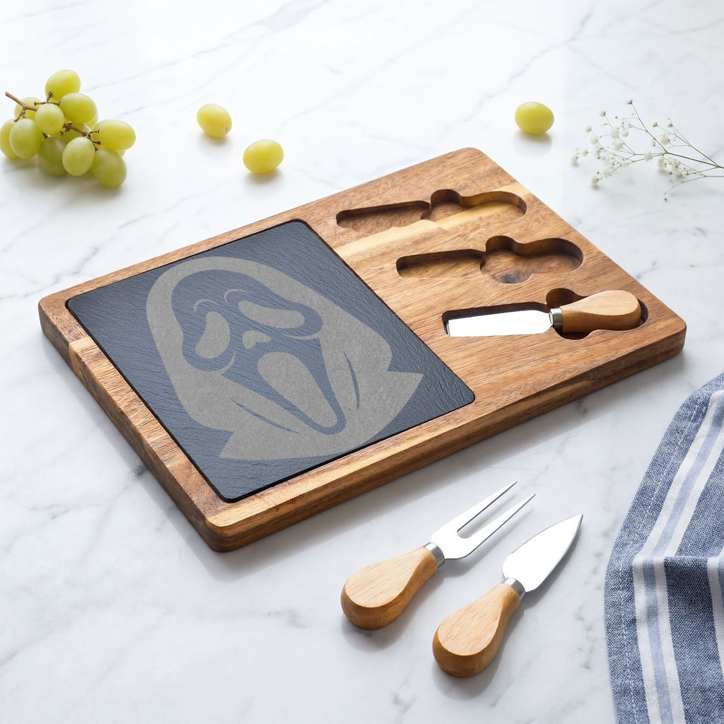 Engraved Scream Charcuterie Board with Slate Insert & Cheese Knives