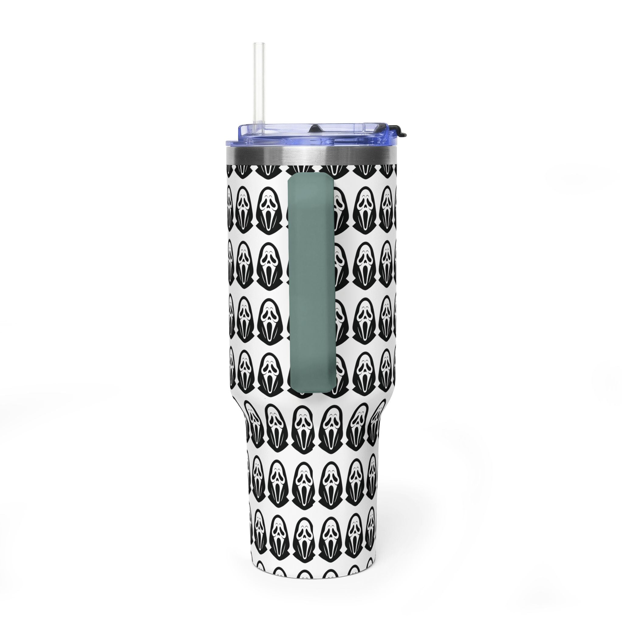 40oz Insulated Tumbler with Repeating Ghost Mask Pattern — Spooky Halloween Drinkware