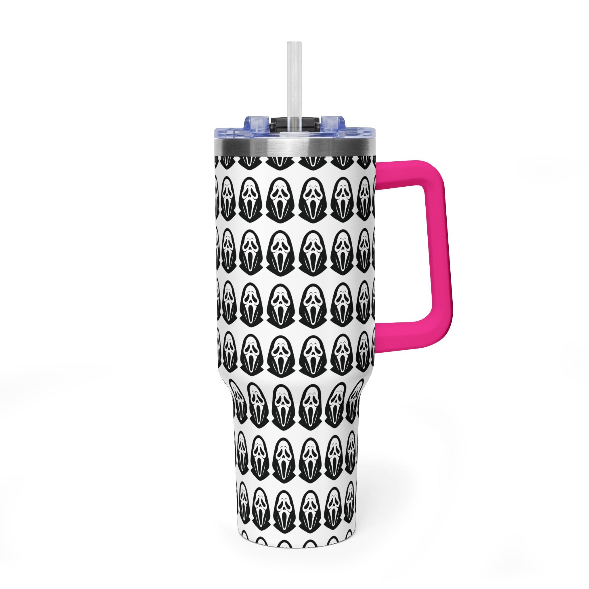 40oz Insulated Tumbler with Repeating Ghost Mask Pattern — Spooky Halloween Drinkware